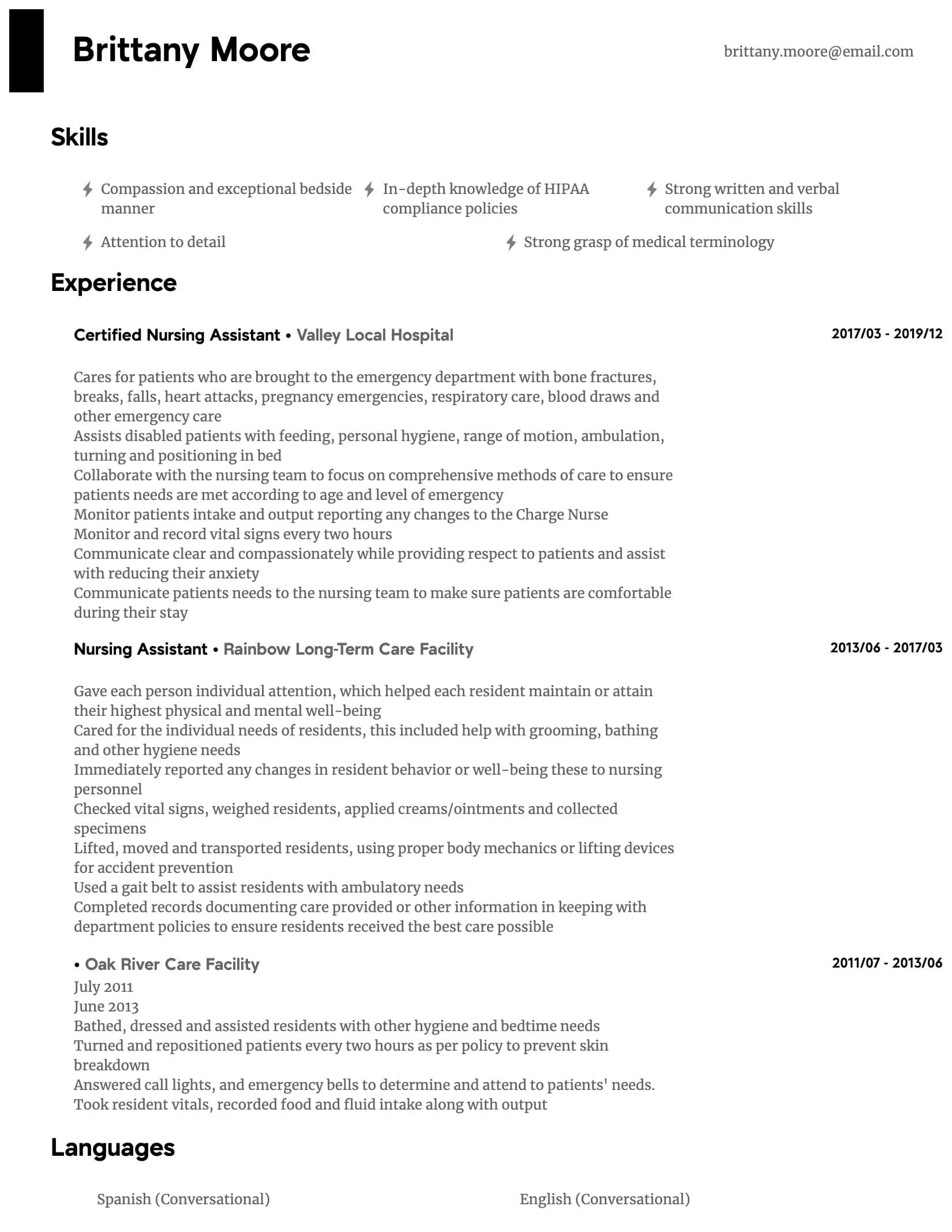 nursing assistant resume sample