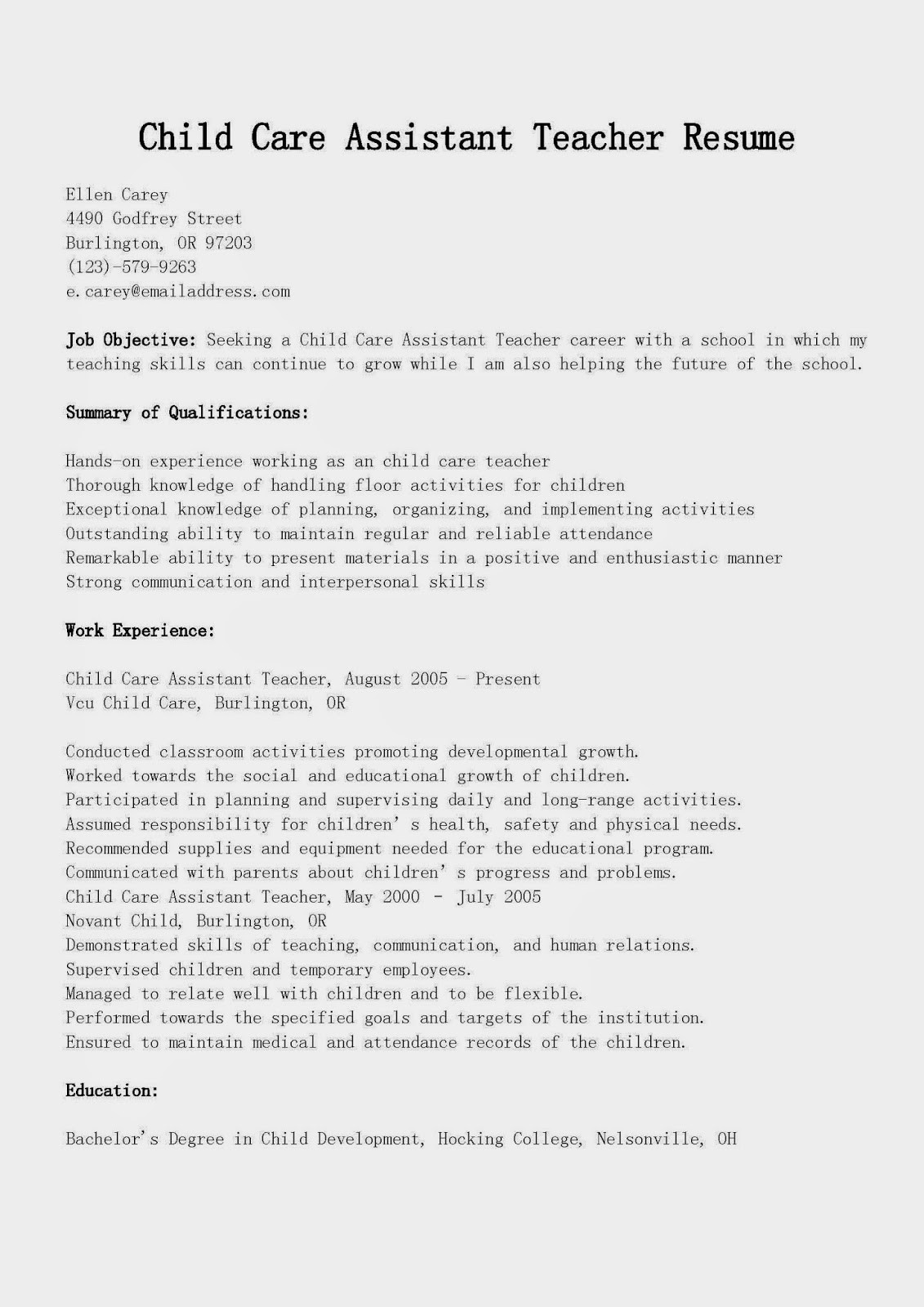 child care teacher resume sampleml