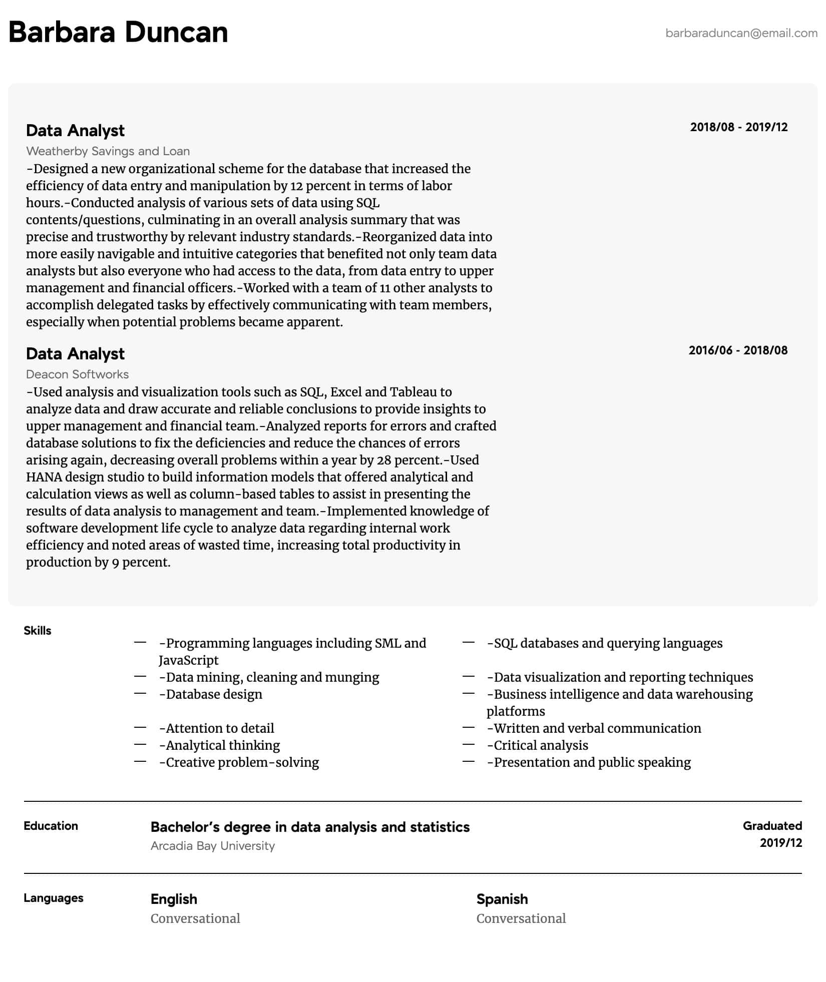 data analyst resume sample