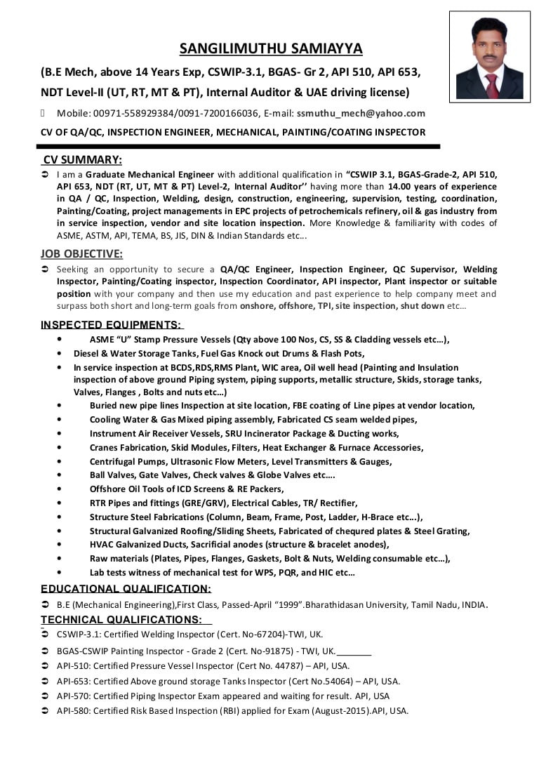 cv of qaqc inspection engineer welding painting coating inspector ssangilimuthu