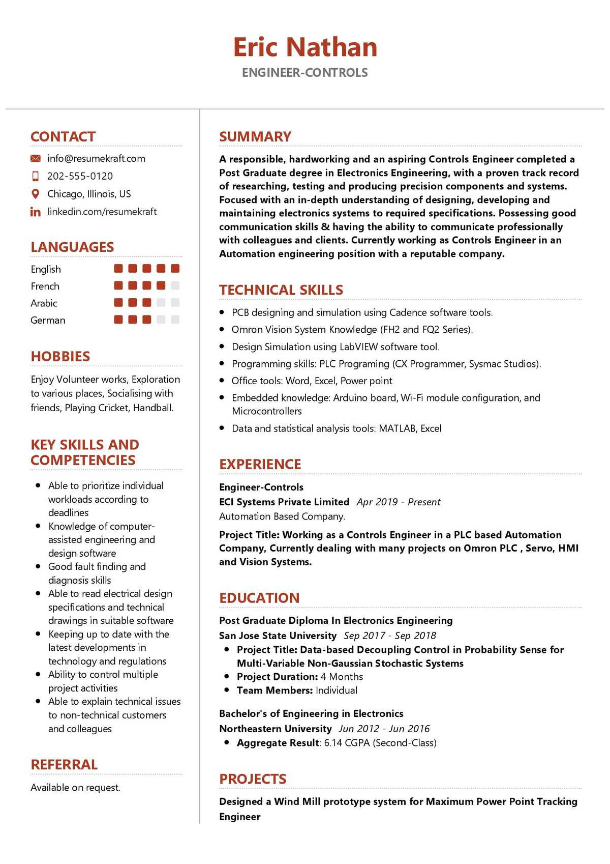 engineer controls resume sample