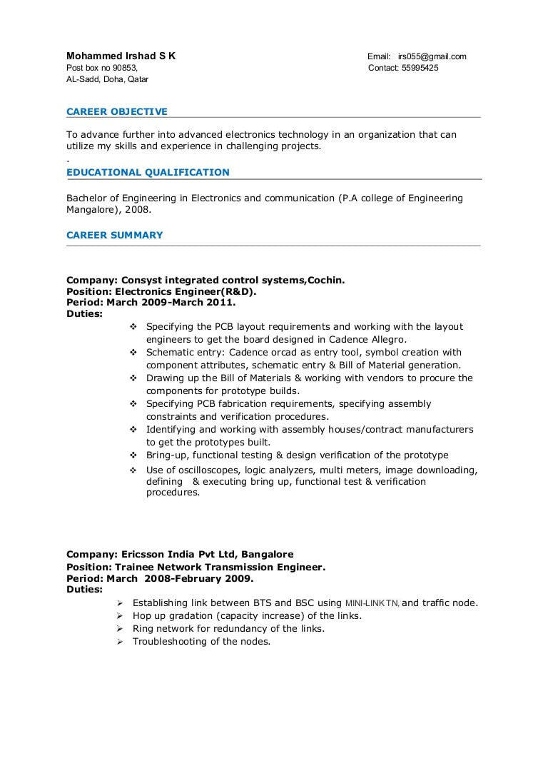 Electronics and Communication Engineering Resume Samples for Experience Resume Electronics Engineer 3years Experience