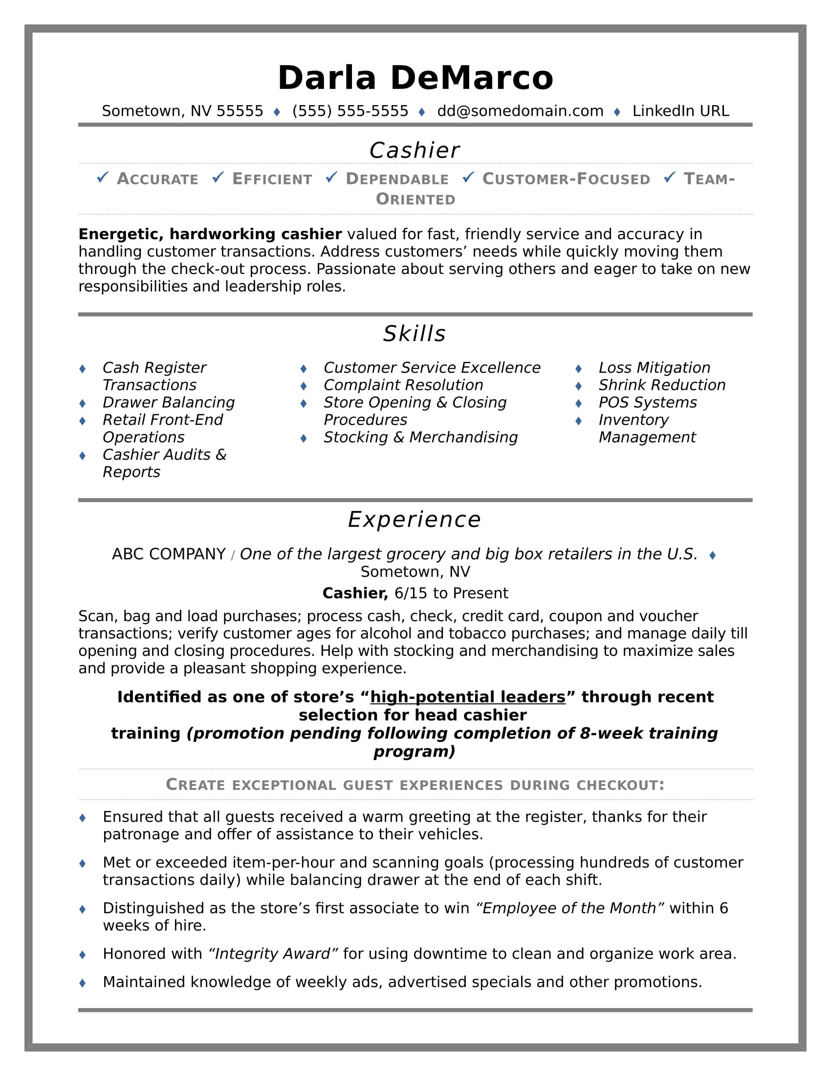 cashier resume sample