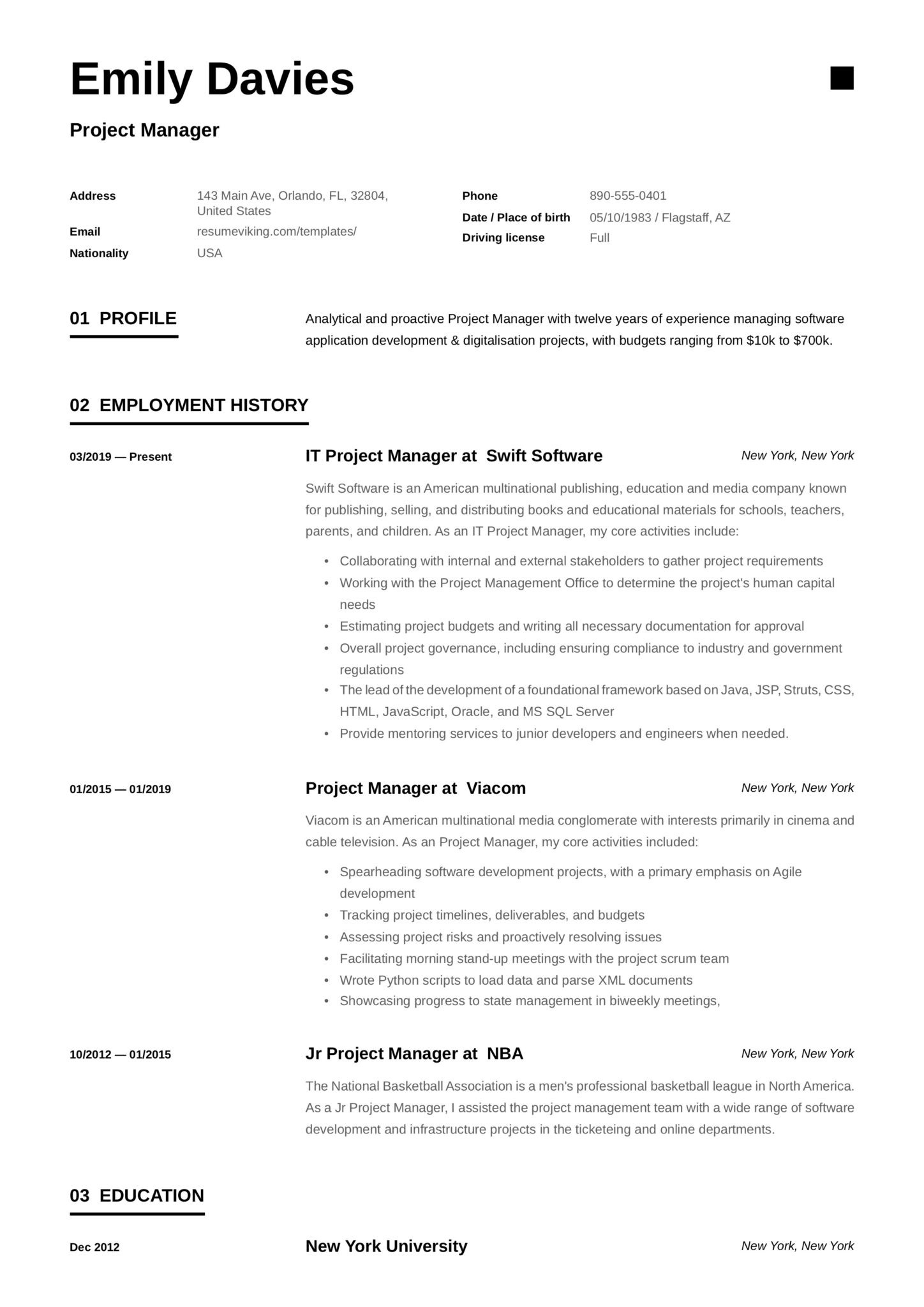 junior project manager resume