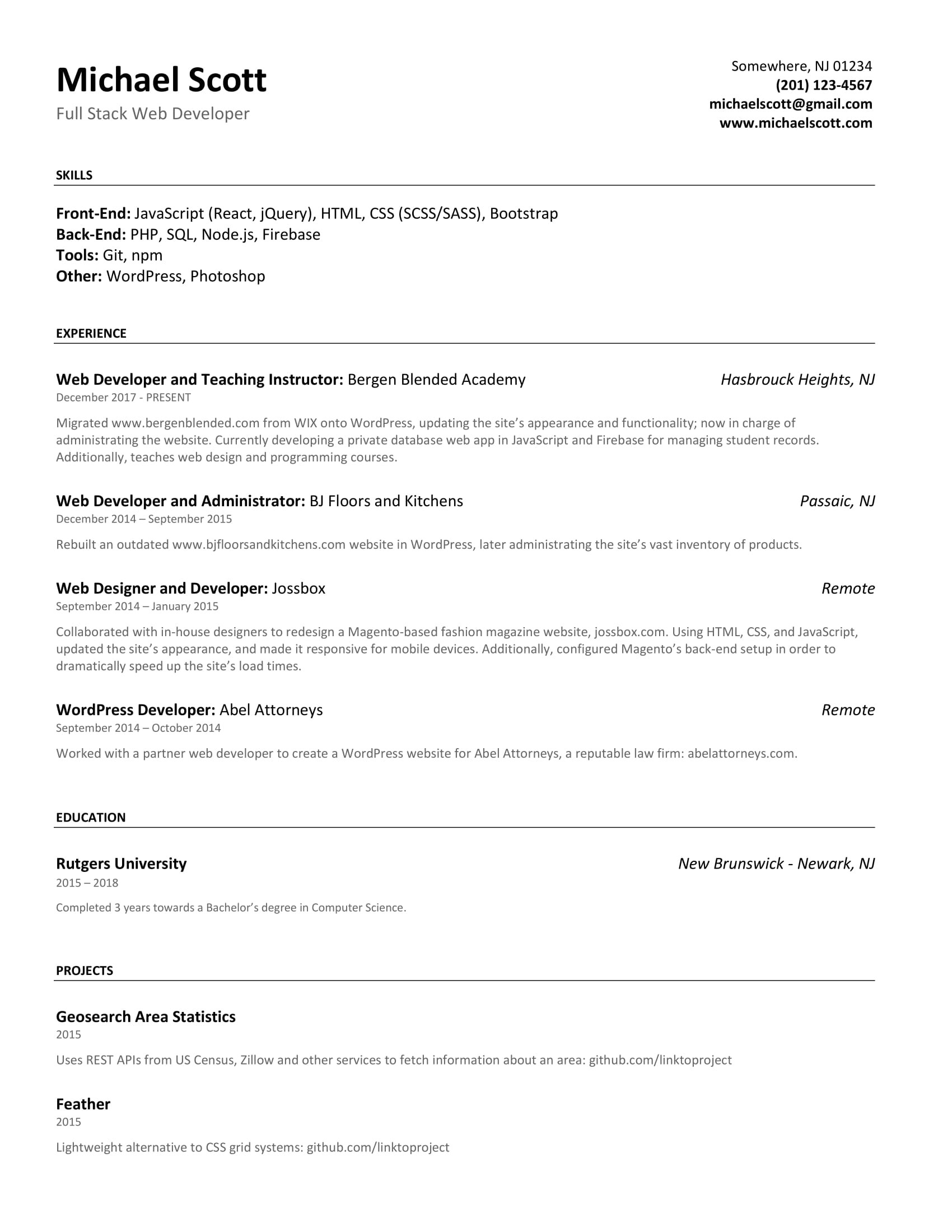 cv form for junior web developerml