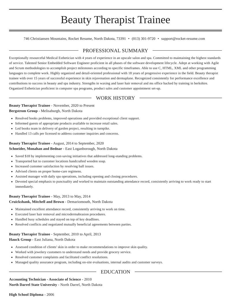 beauty therapist trainee perfect resume creator sections