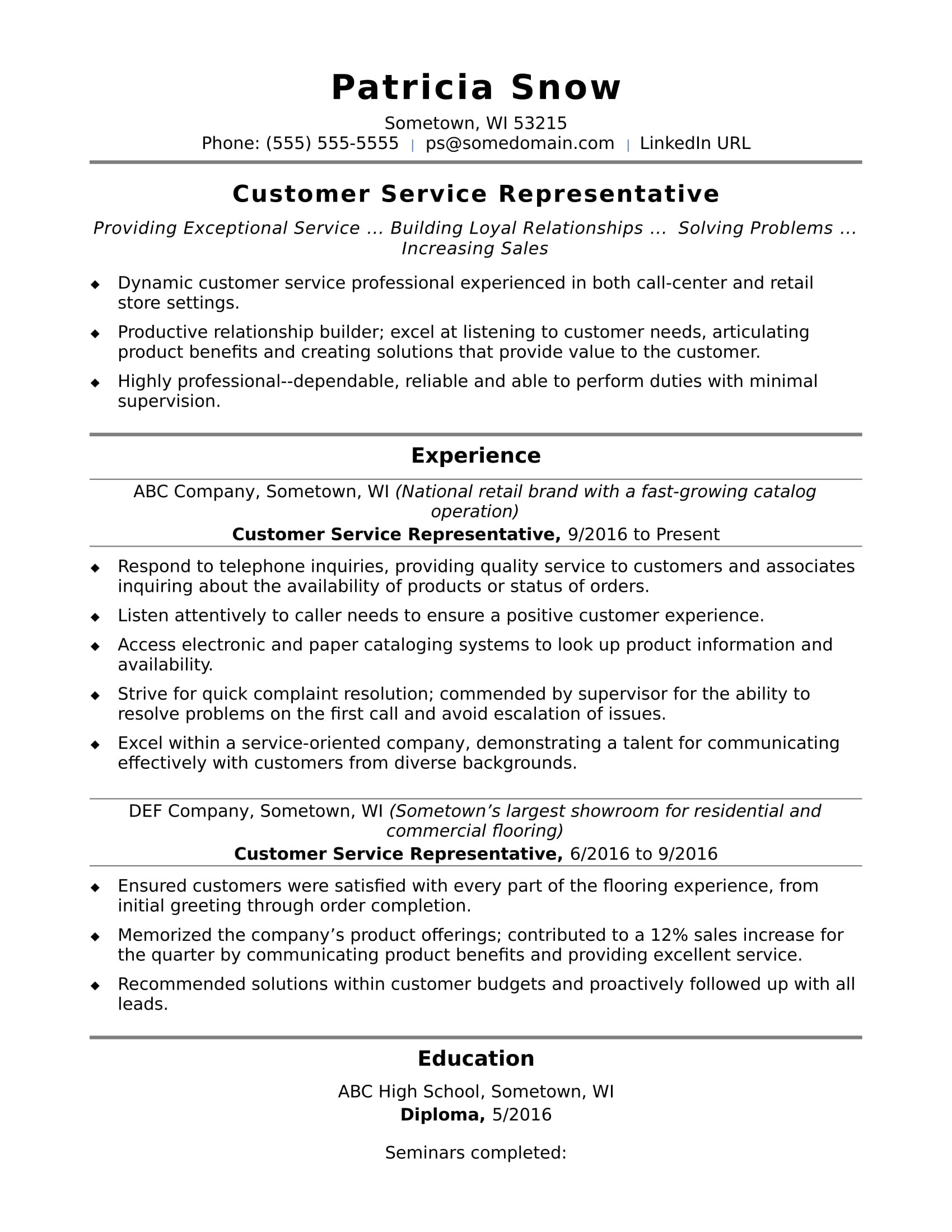 sample resume customer service representative entry level