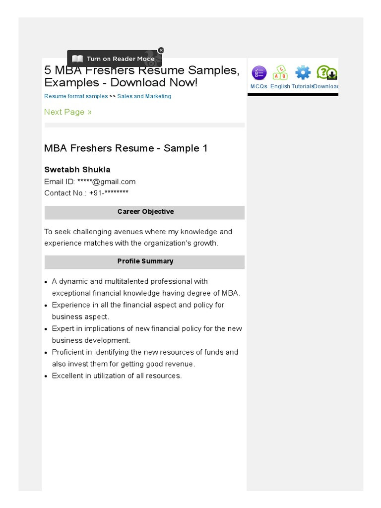 5 MBA Freshers Resume Samples Examples Download Now pdf