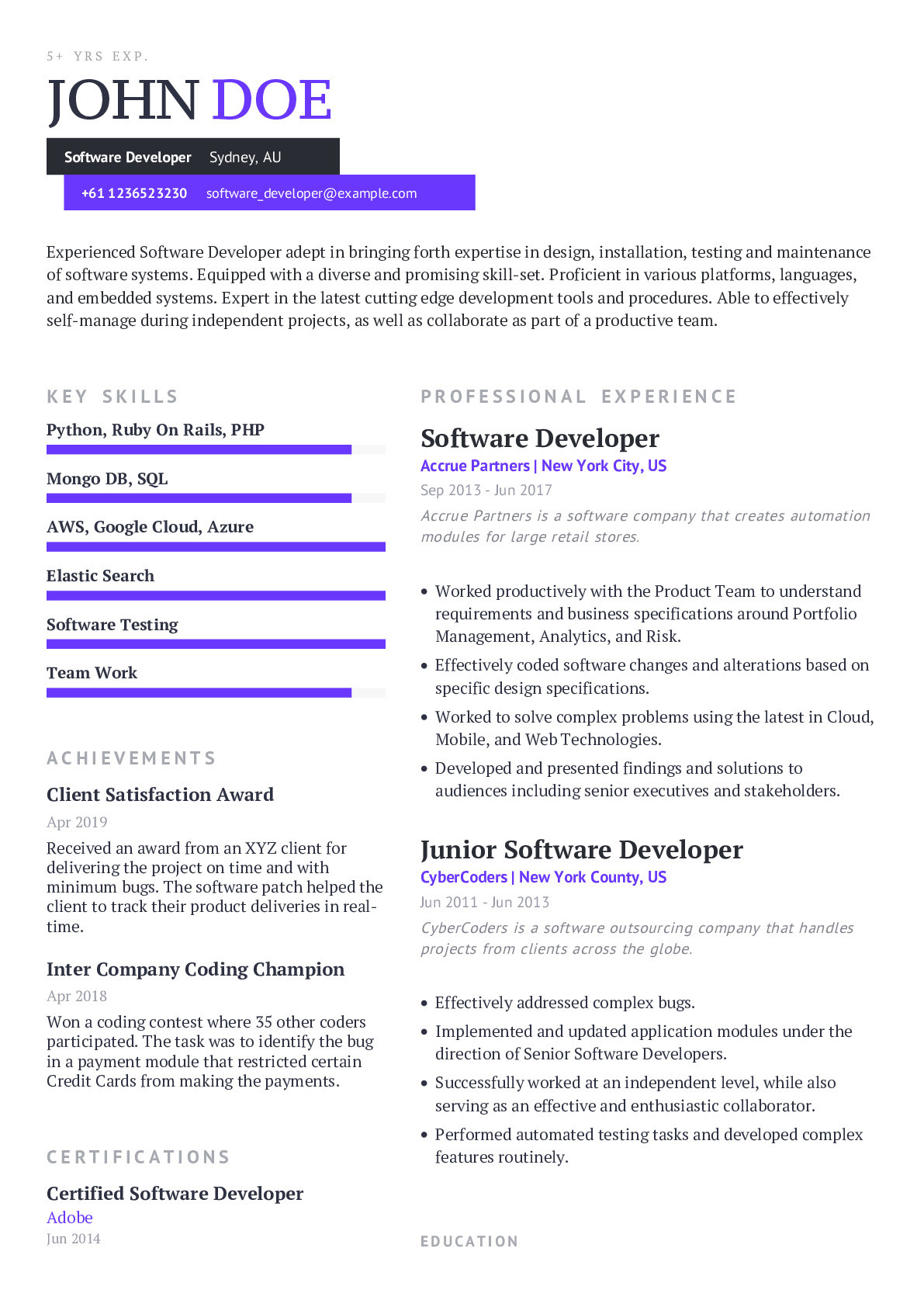 Ruby On Rails Developer Resume Sample software Developer Resume Example with Pre-filled Content Craftmycv