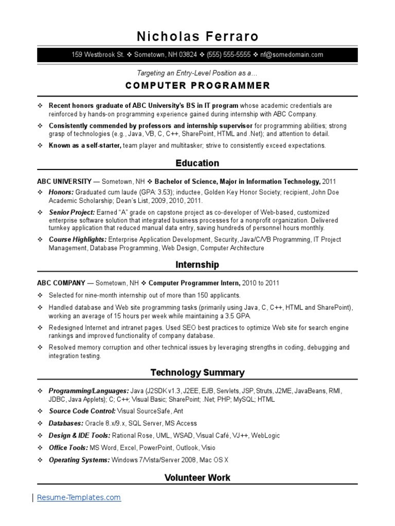 Sample Entry Level puter Programmer Resume Template