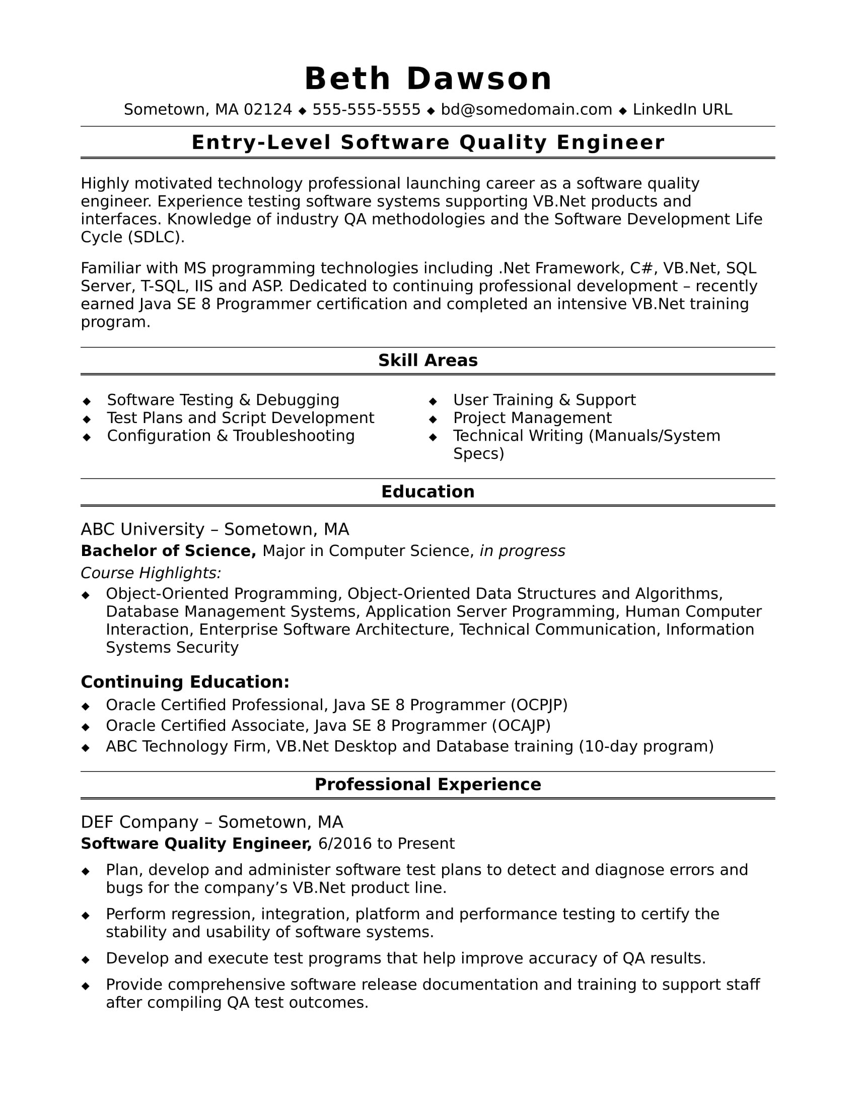 sample resume quality engineer entry level