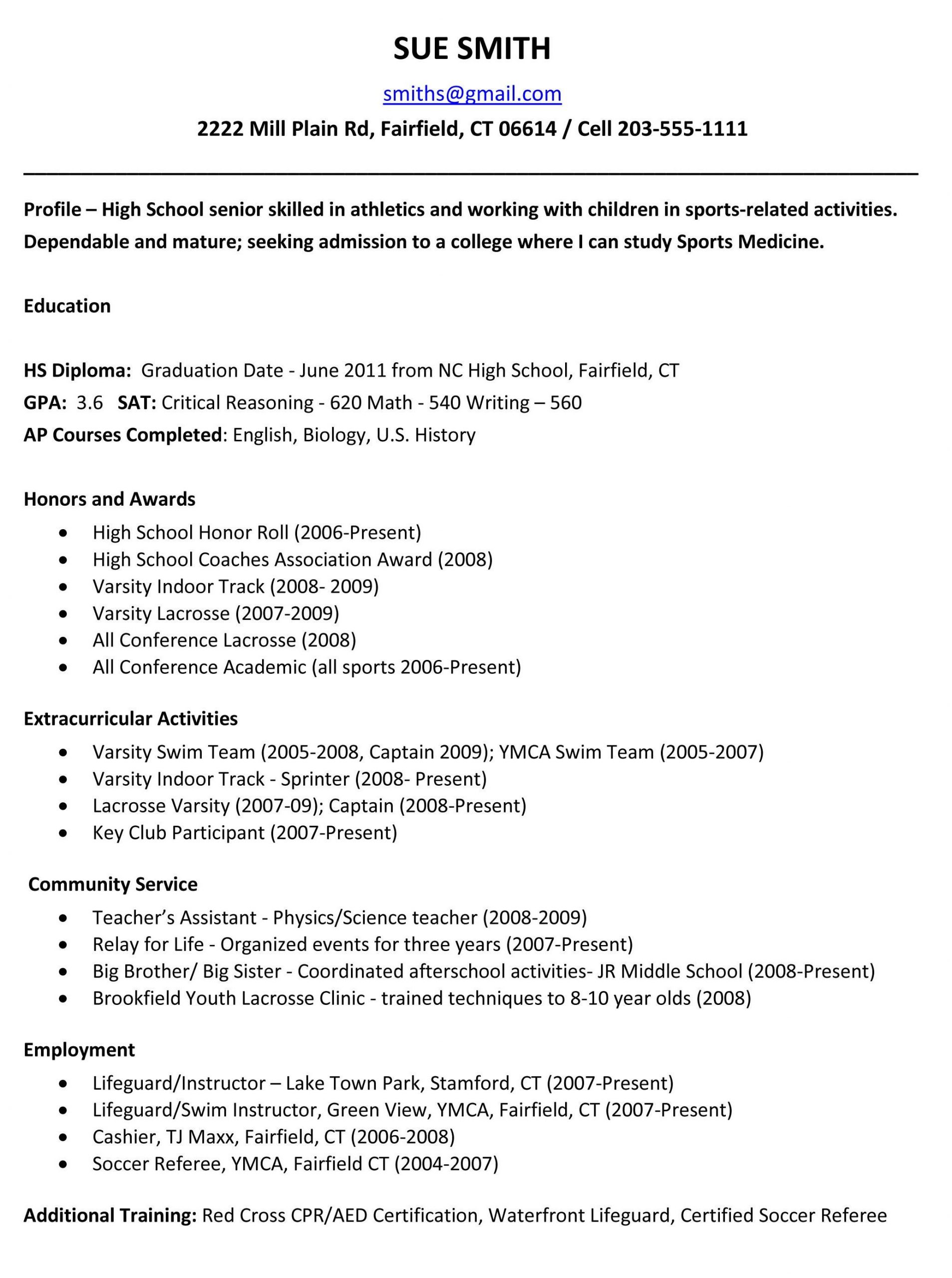 Sample High School Student Resume for College Application Sample High School Resume for College App – High School Resume …
