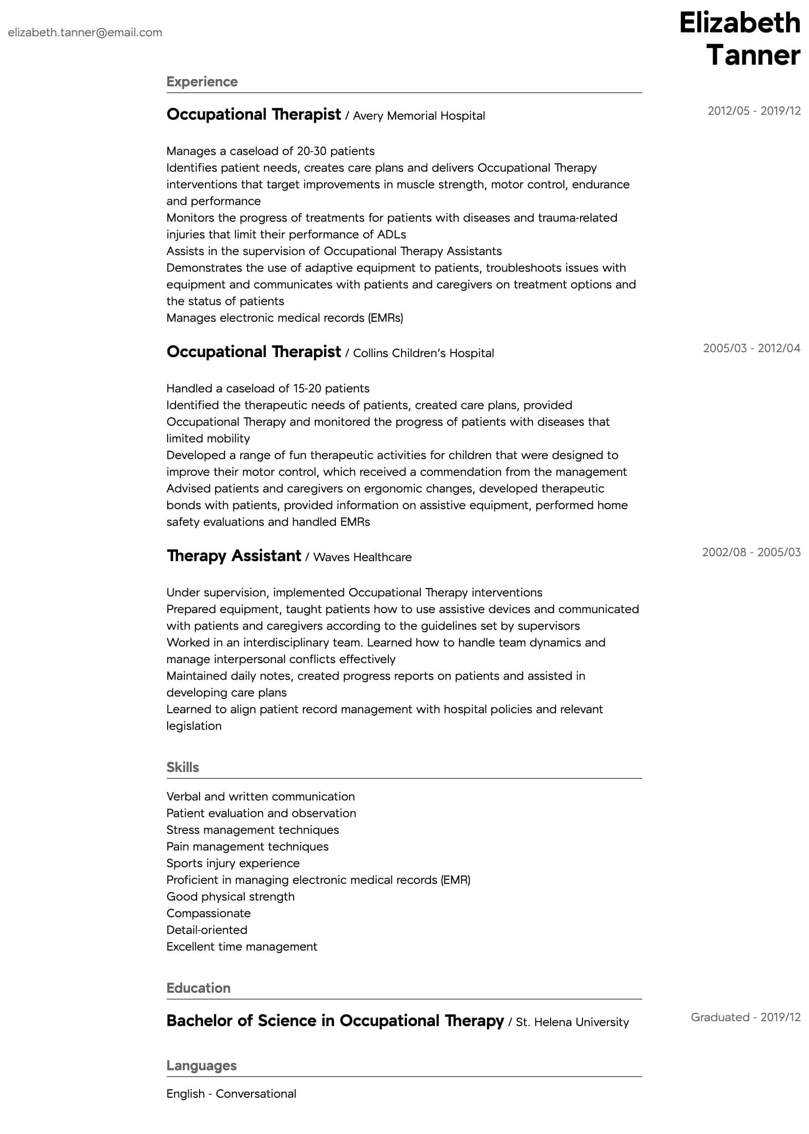 occupational therapy resume sample