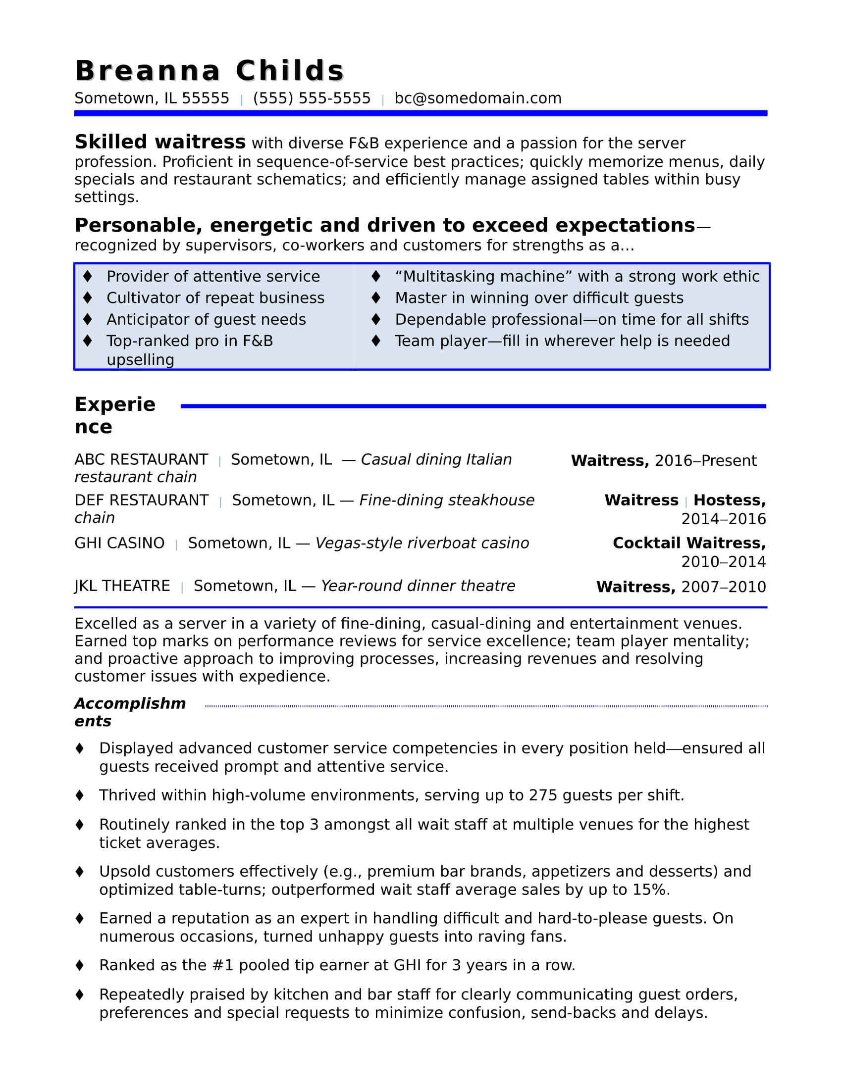 Sample Of Resume for Waitress Position Waitress Resume Sample Monster.com