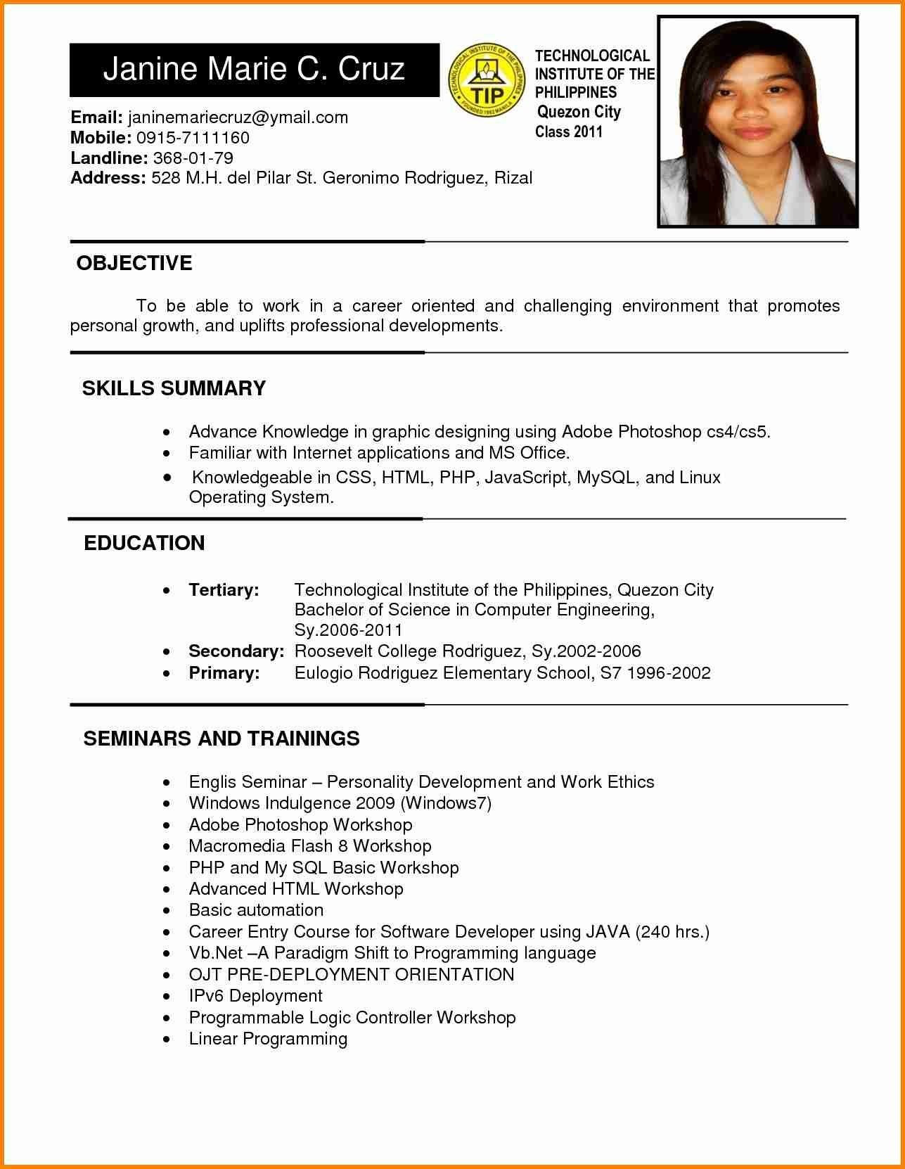 Sample Of Simple Resume In Philippines Resume Sample format In Philippines Valid 6 Example Of Filipino …