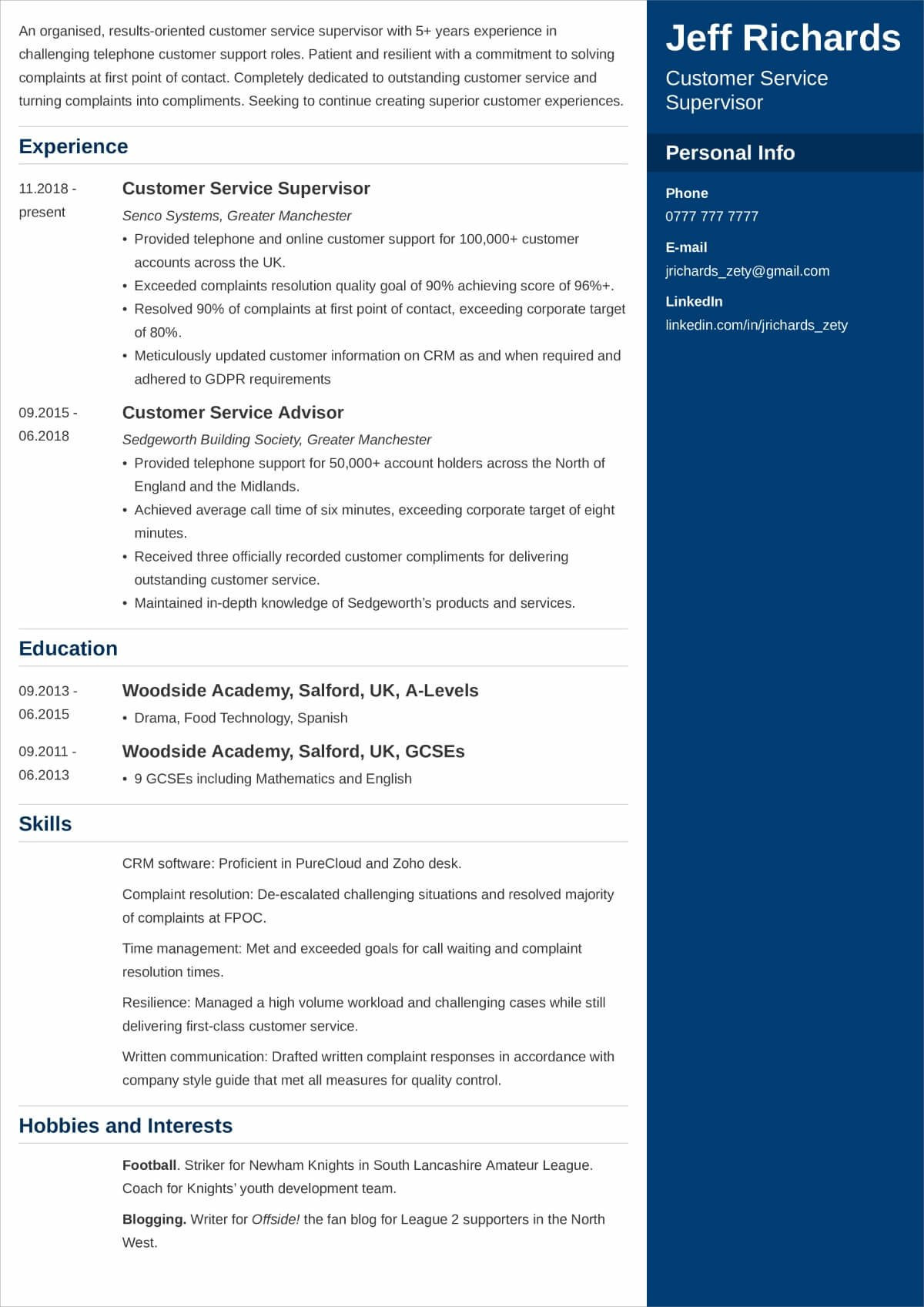 hobbies and interests cv