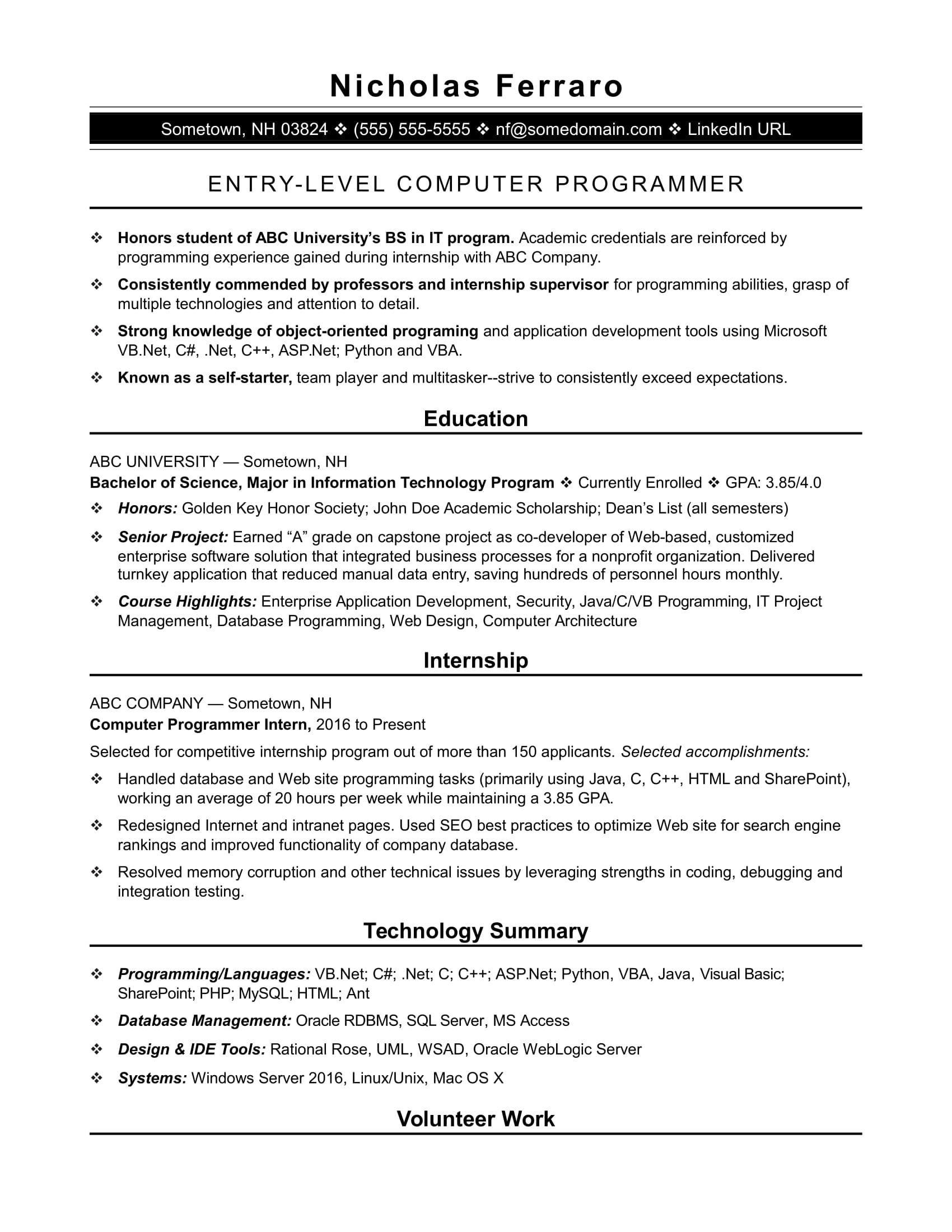 Sample Resume for Computer Programming Student Entry-level Programmer Resume Monster.com
