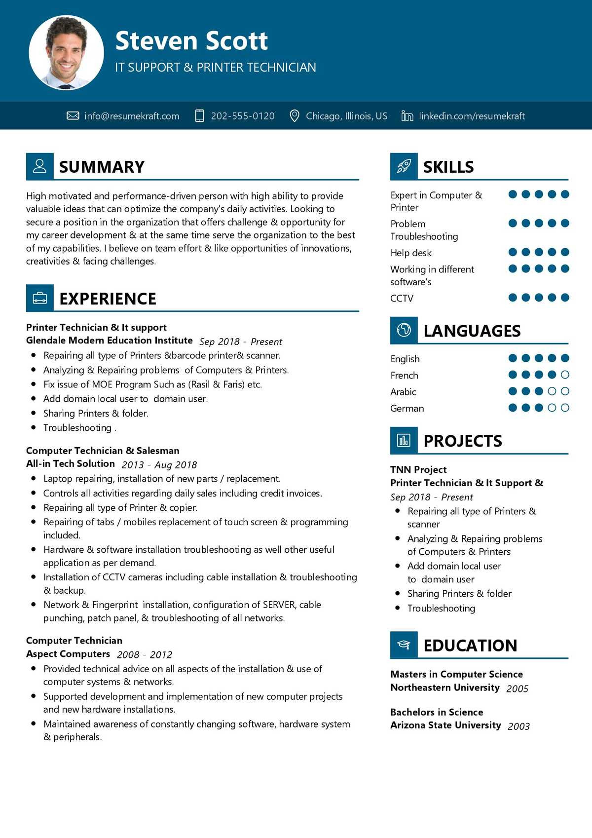 printer technician resume sample