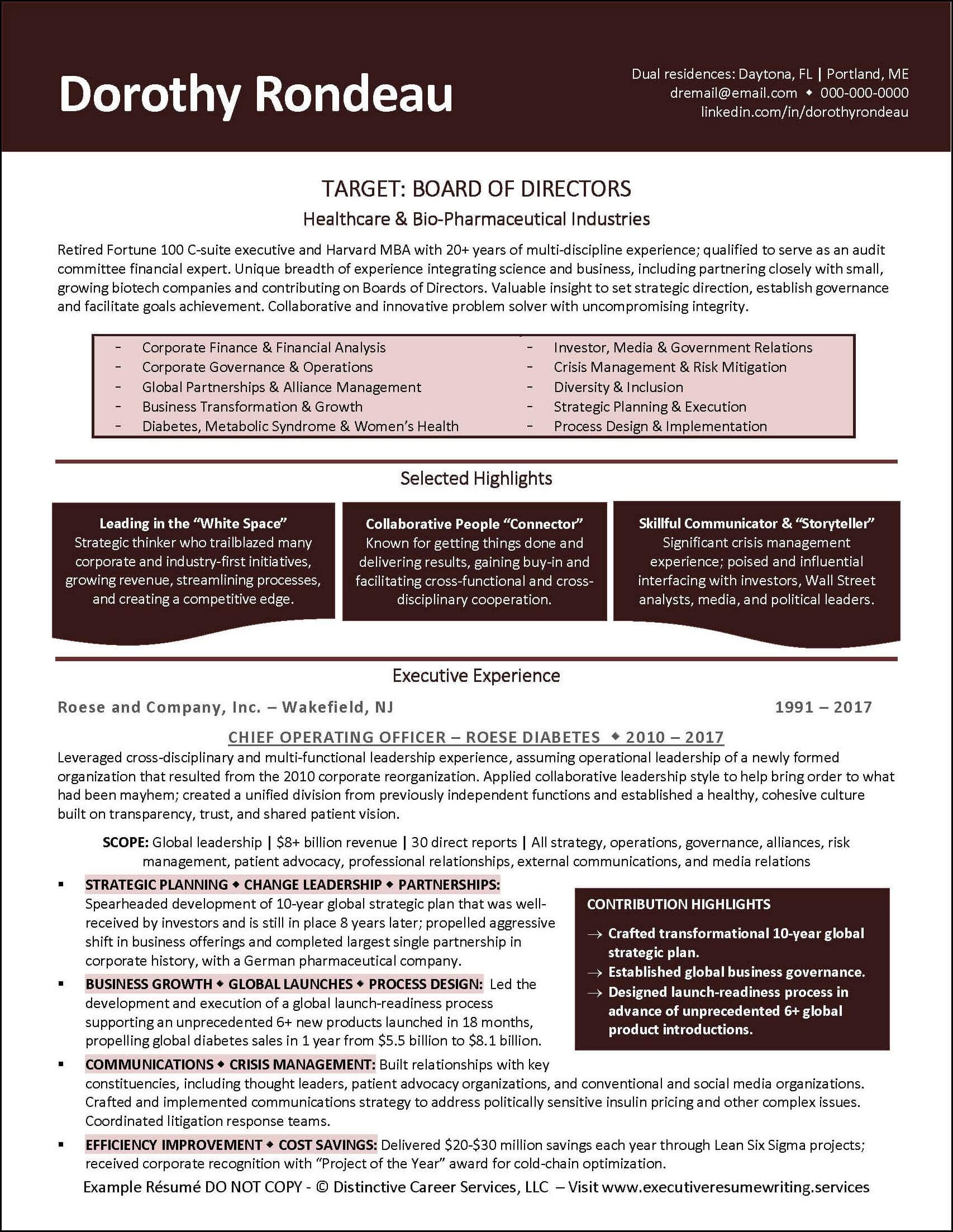 board of directors resume samples