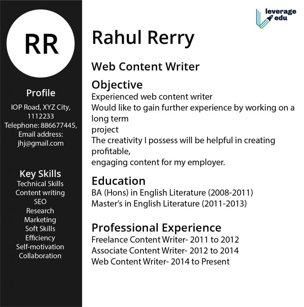 content writer resume