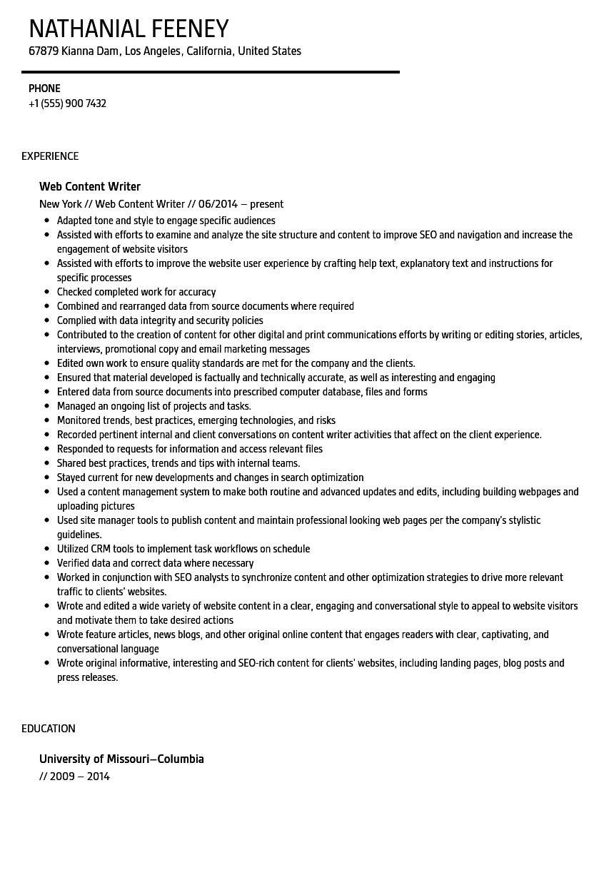 sample resume content writer fresherml