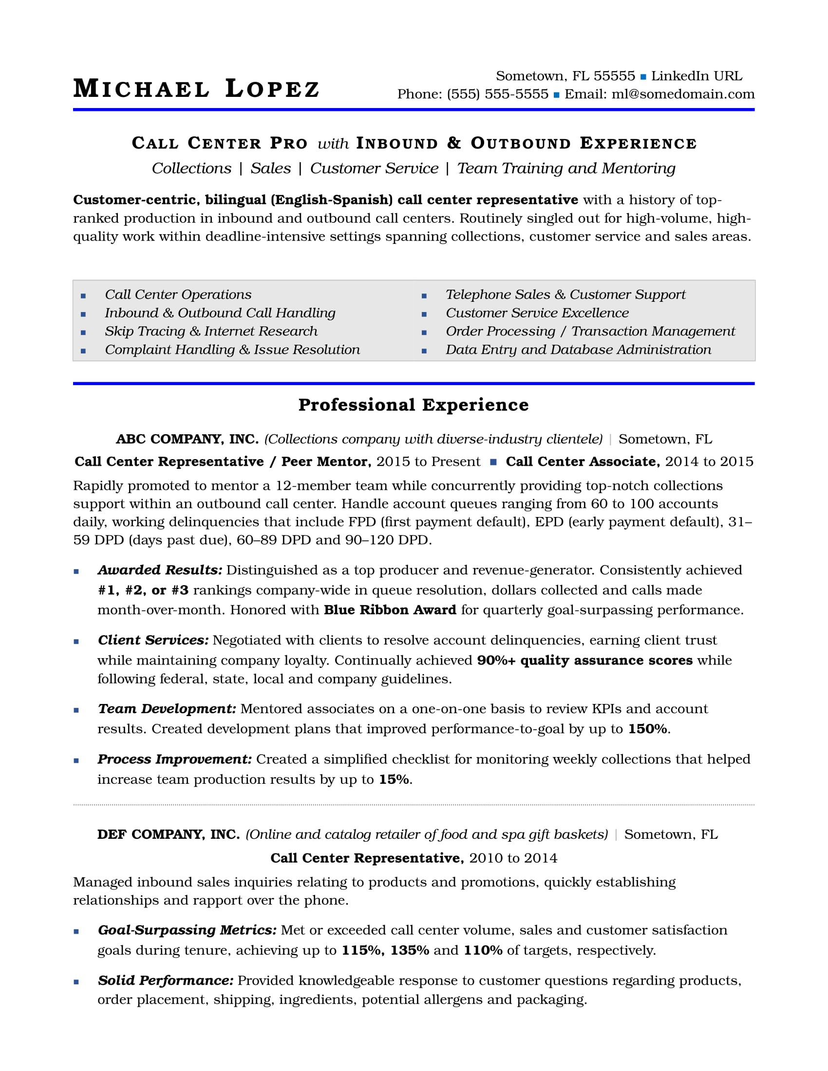 Sample Resume for Inbound Customer Service Representative Call Center Resume Sample Monster.com