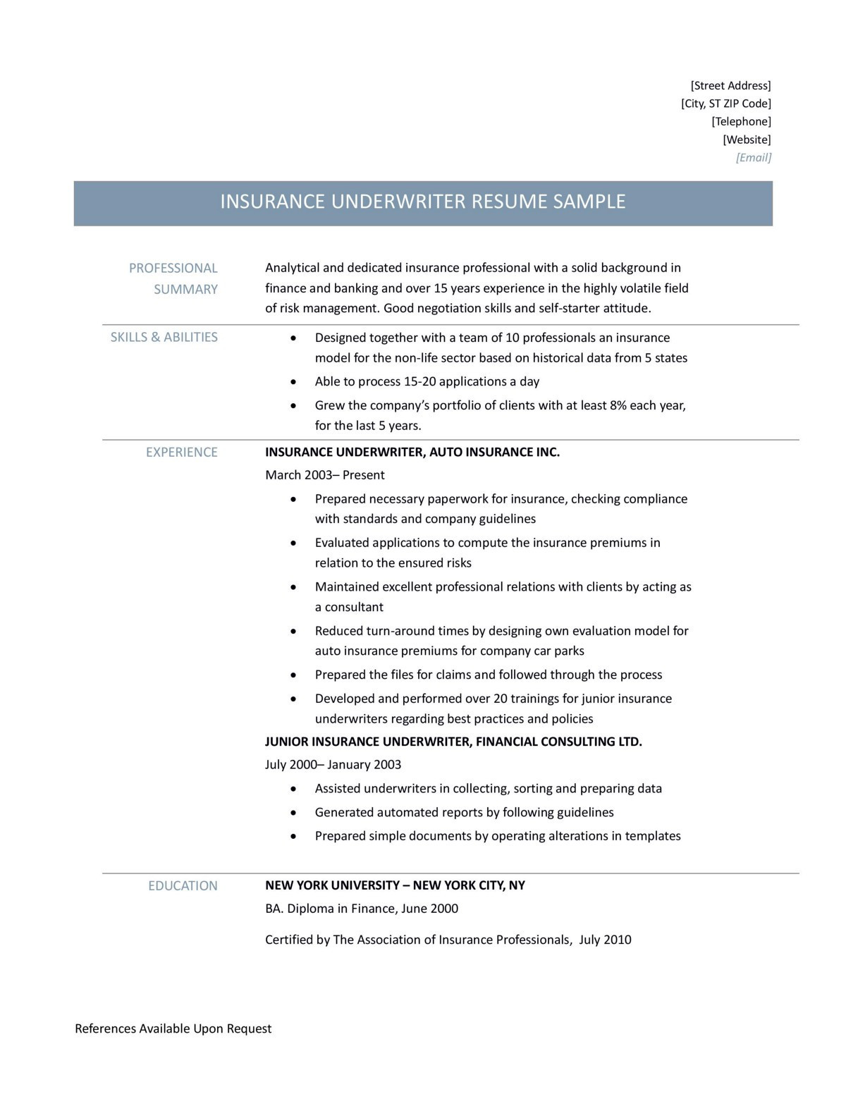 insurance underwriter resume sample