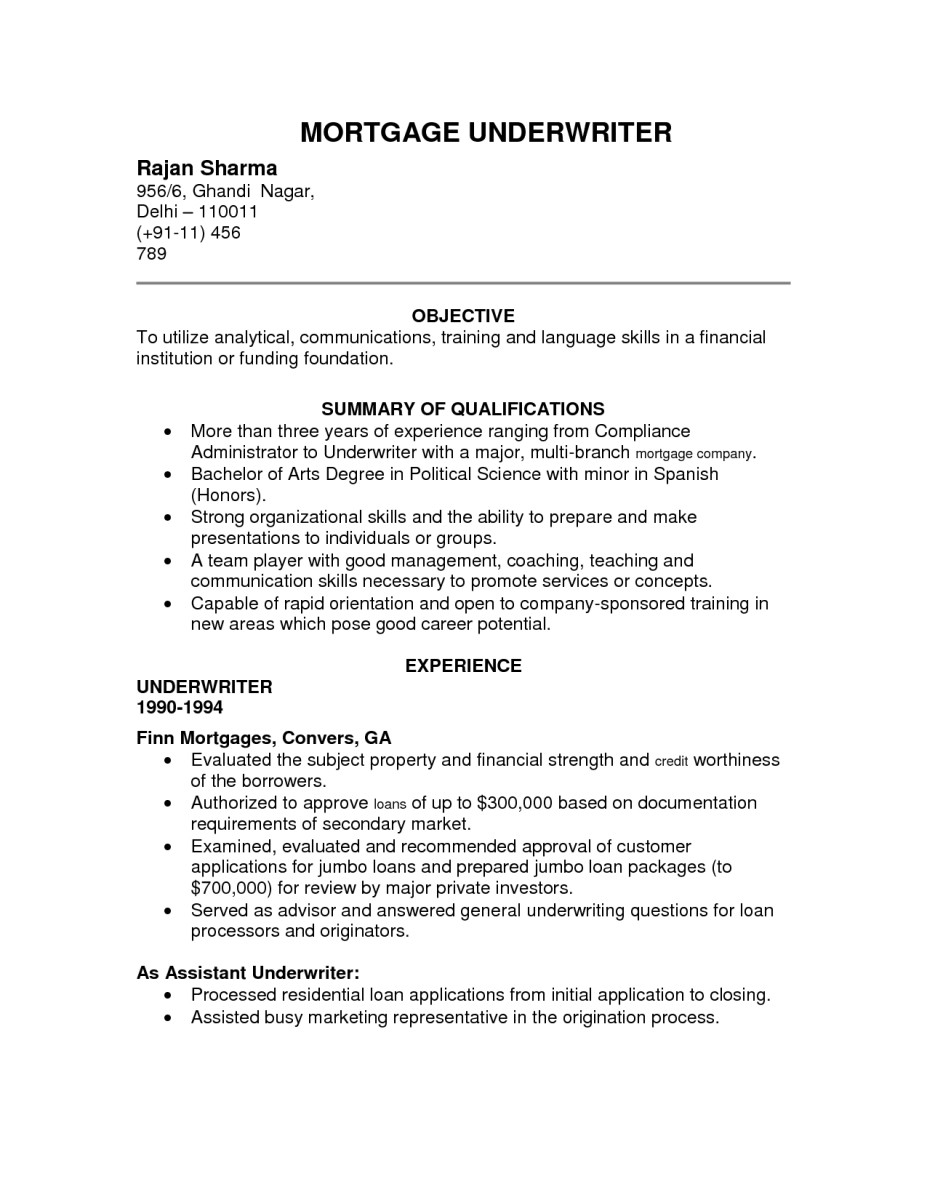 underwriting assistant resume