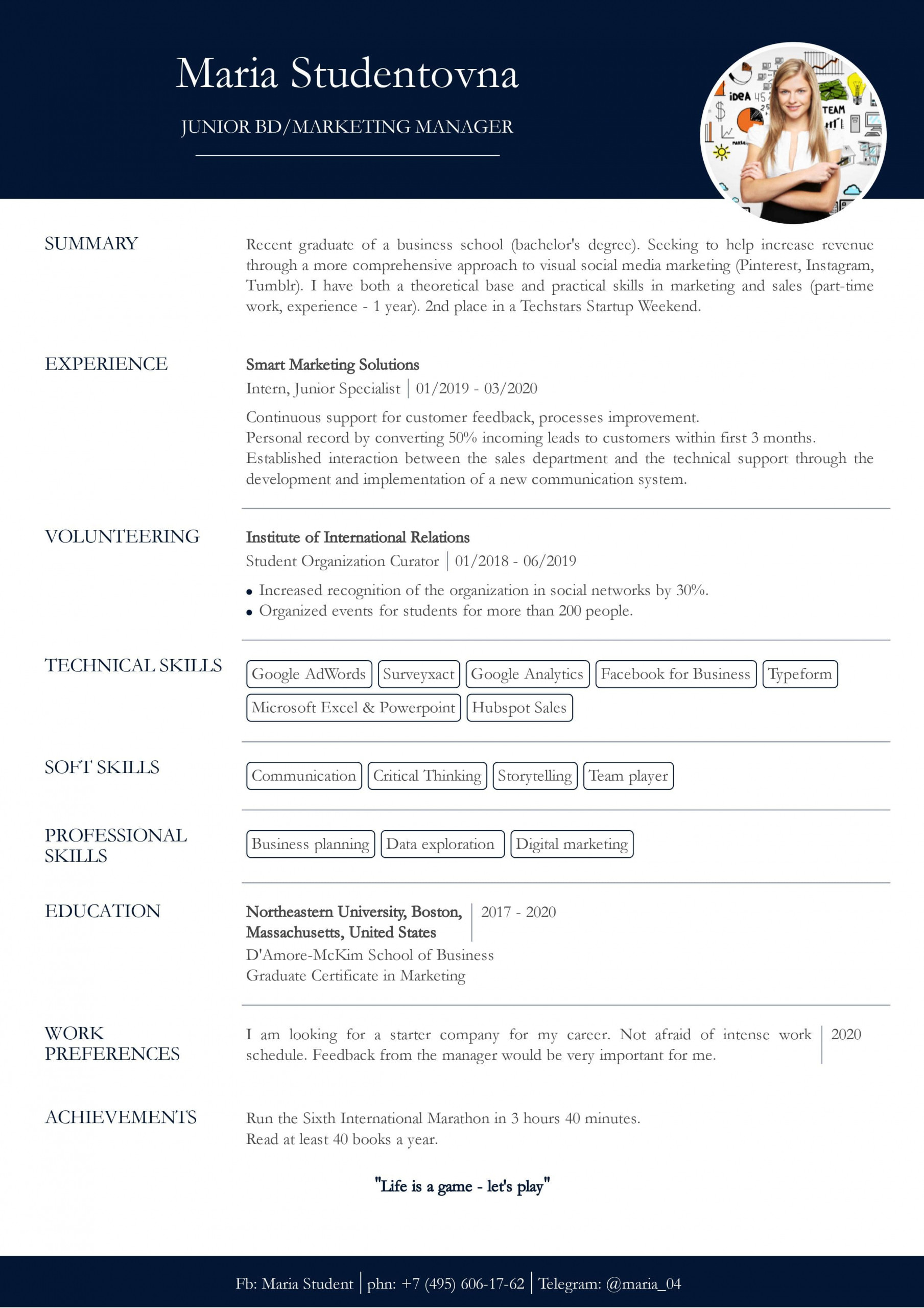 Sample Resume for Internship No Experience Resume with No Work Experience. Sample for Students. – Cv2you Blog