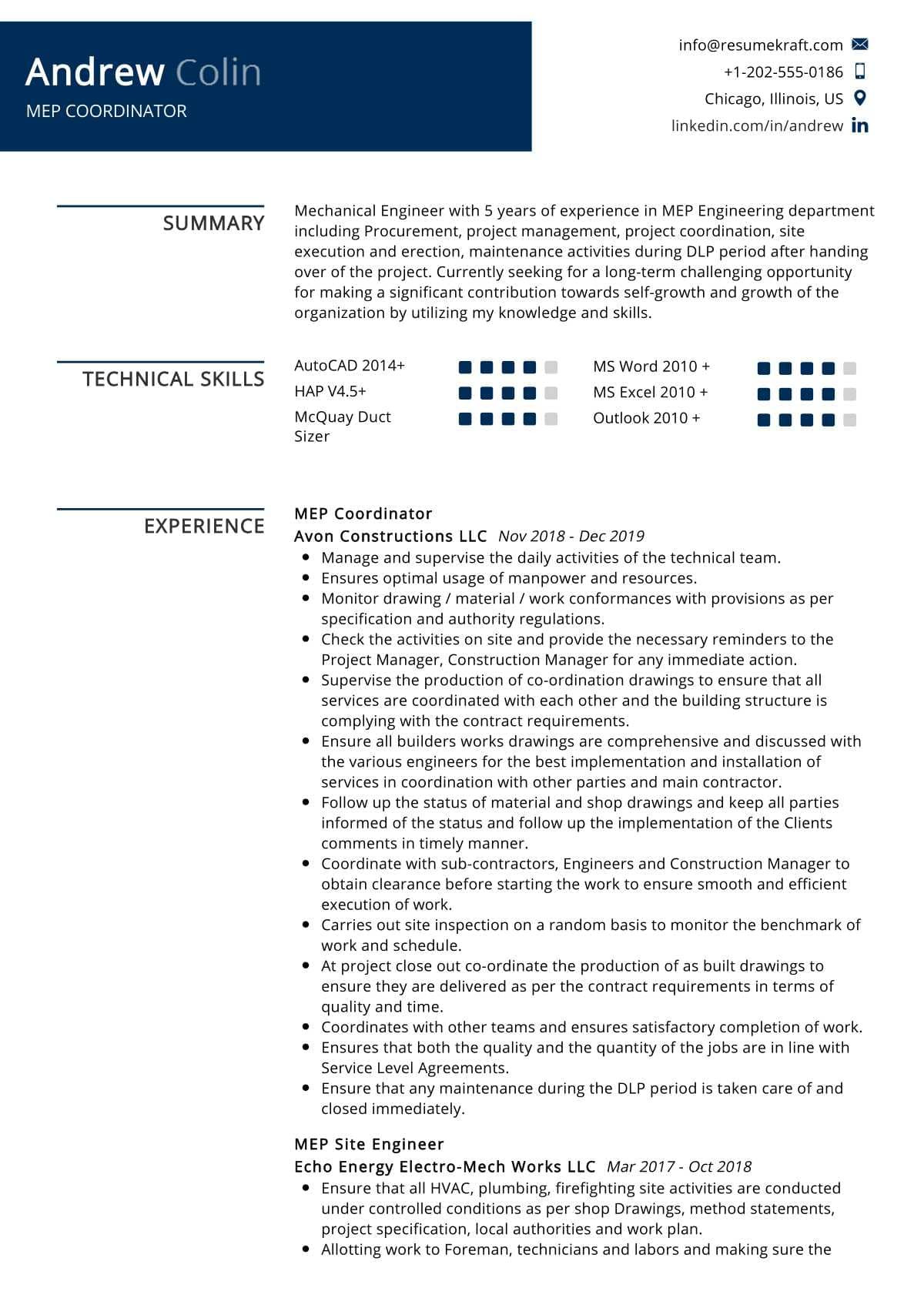 mep coordinator resume sample