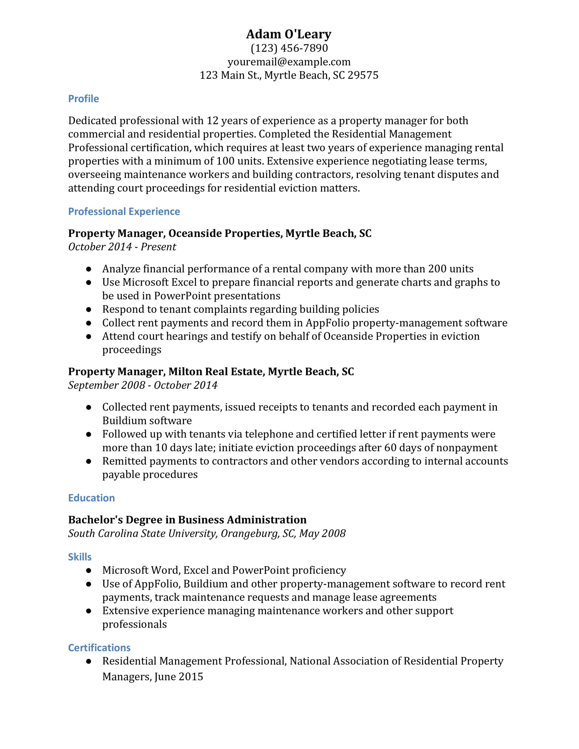 property manager resume examples