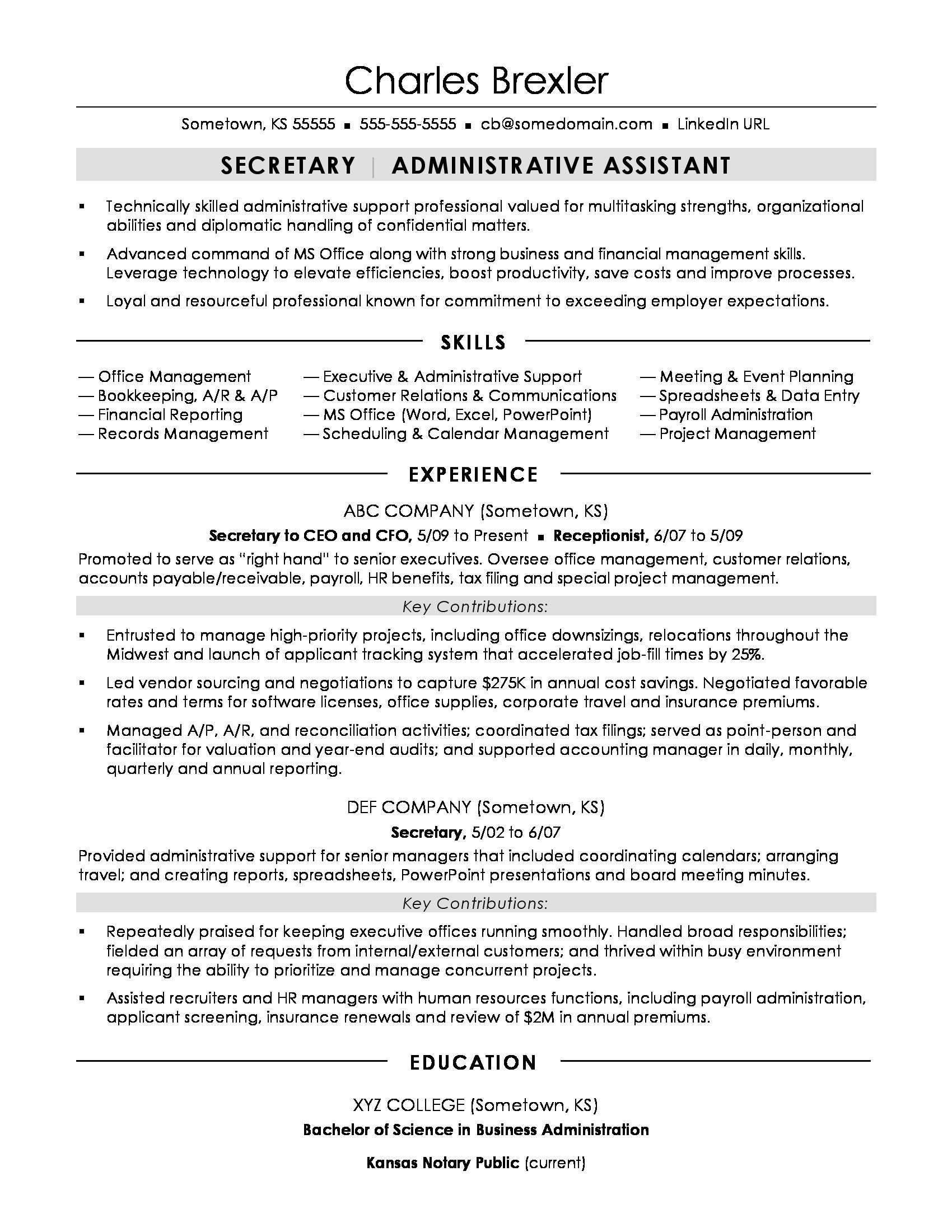 secretary resume sample