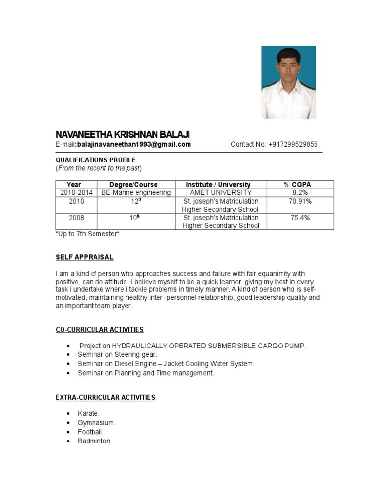 resume for engine cadetml