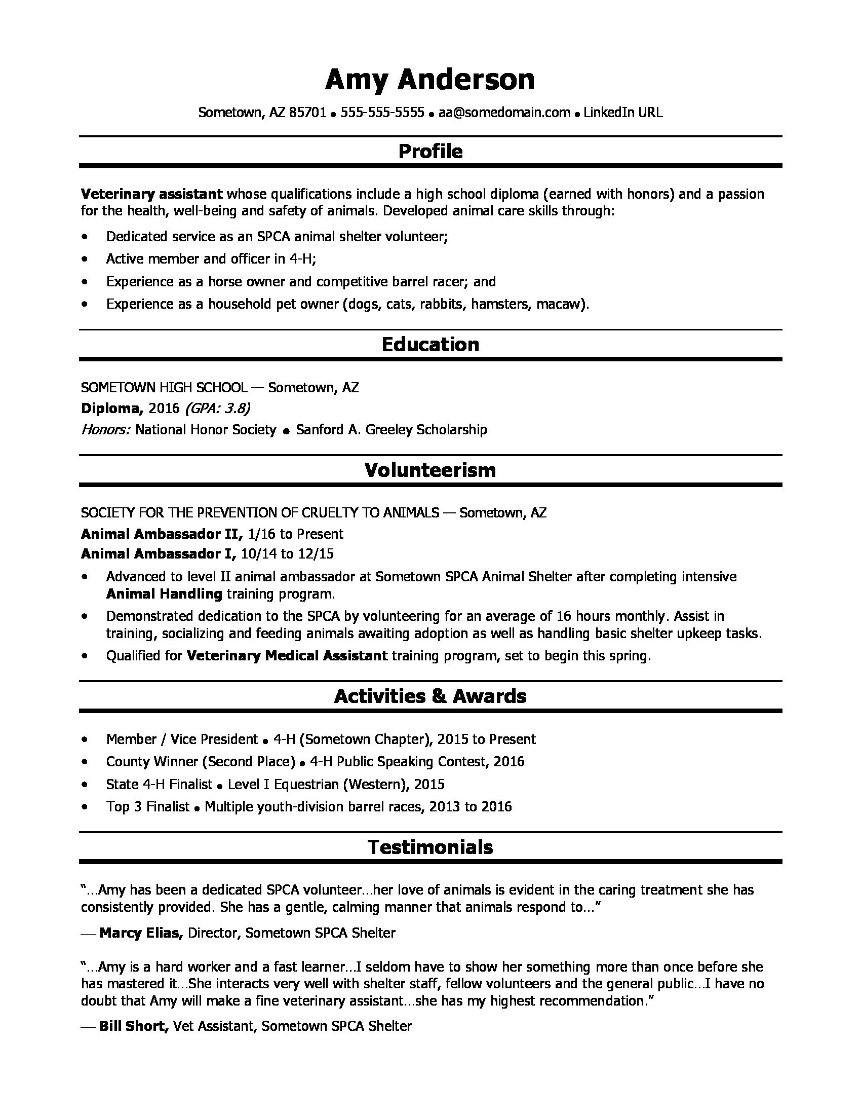 sample resume high school grad veterinary assistant