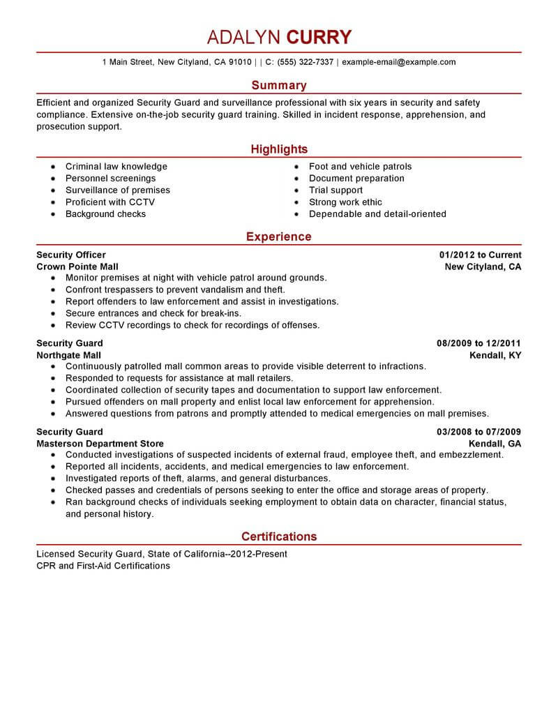 security guard professional resume sampleml