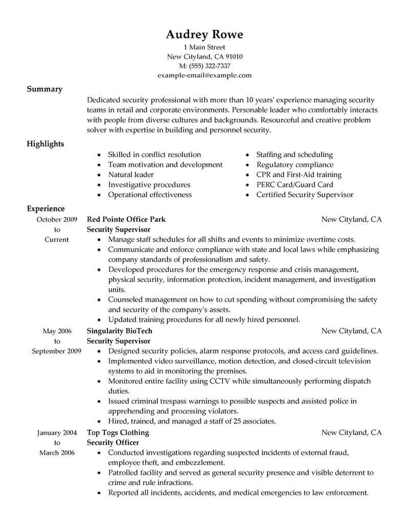 security supervisor resume example