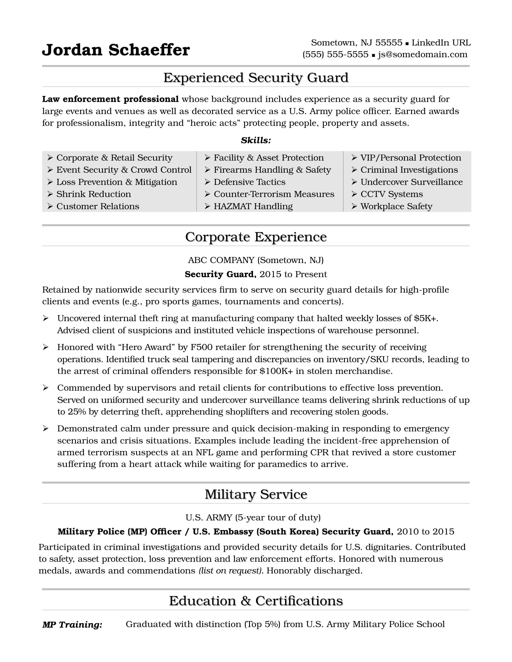 security guard resume sample