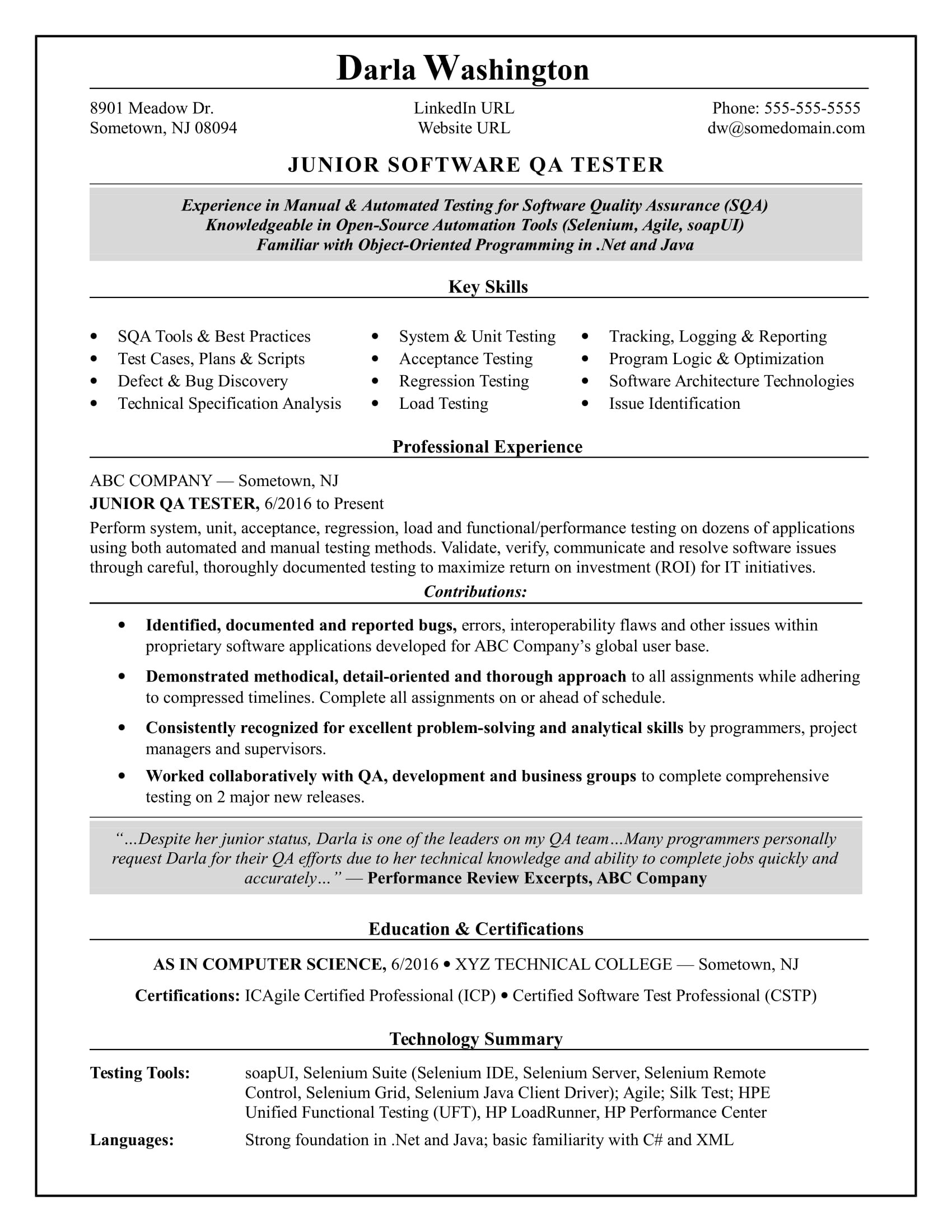 sample resume QA software tester entry level