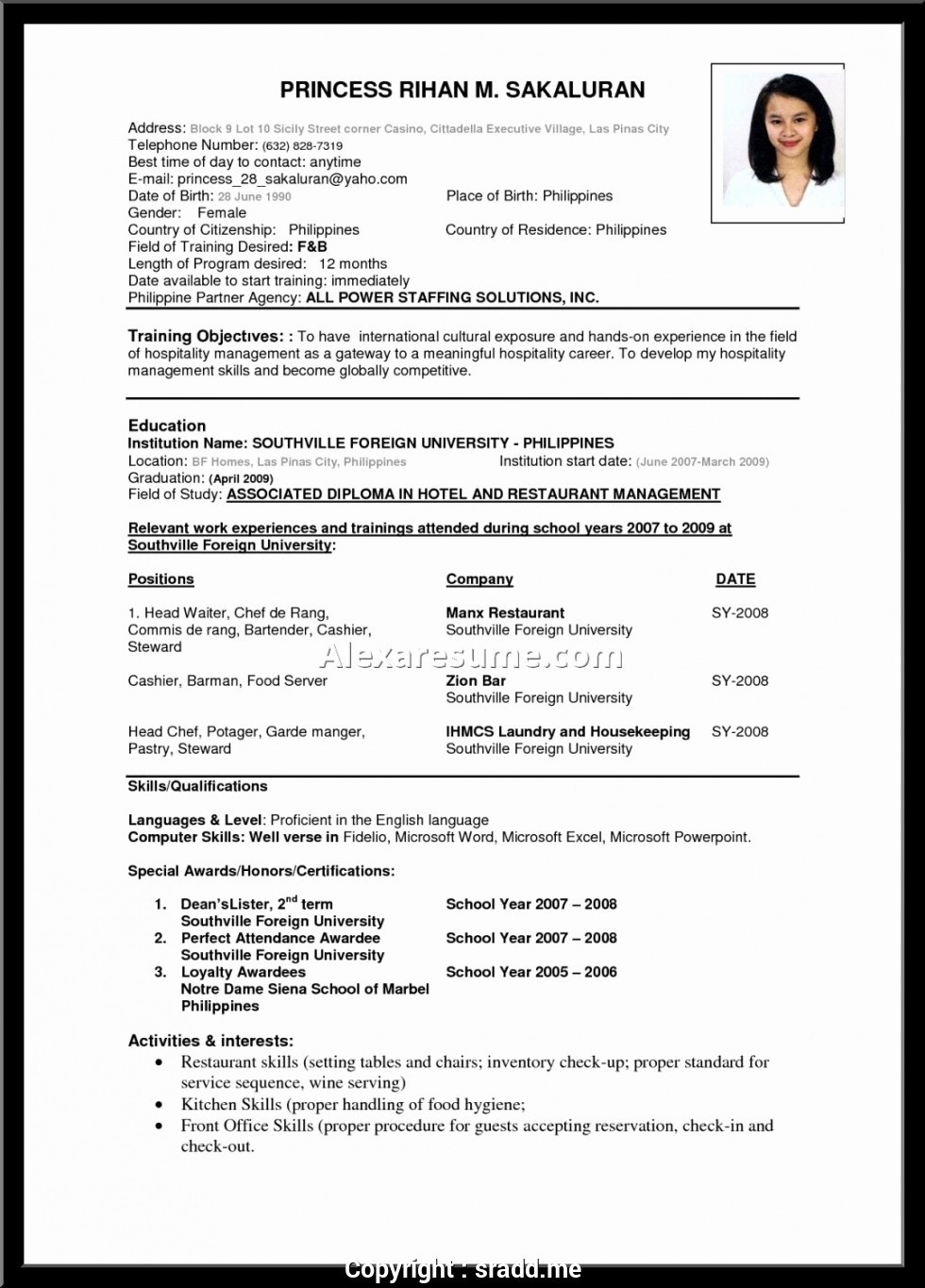 resume format for hoteliers