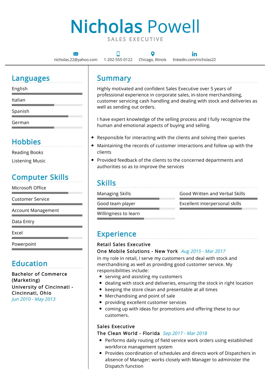 Sample Resume format for Sales Executive Sales Executive Resume Example Cv Sample [2020] – Resumekraft