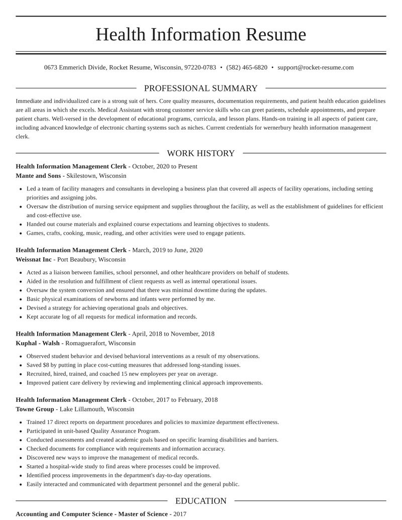 health information management clerk free resume tool sections