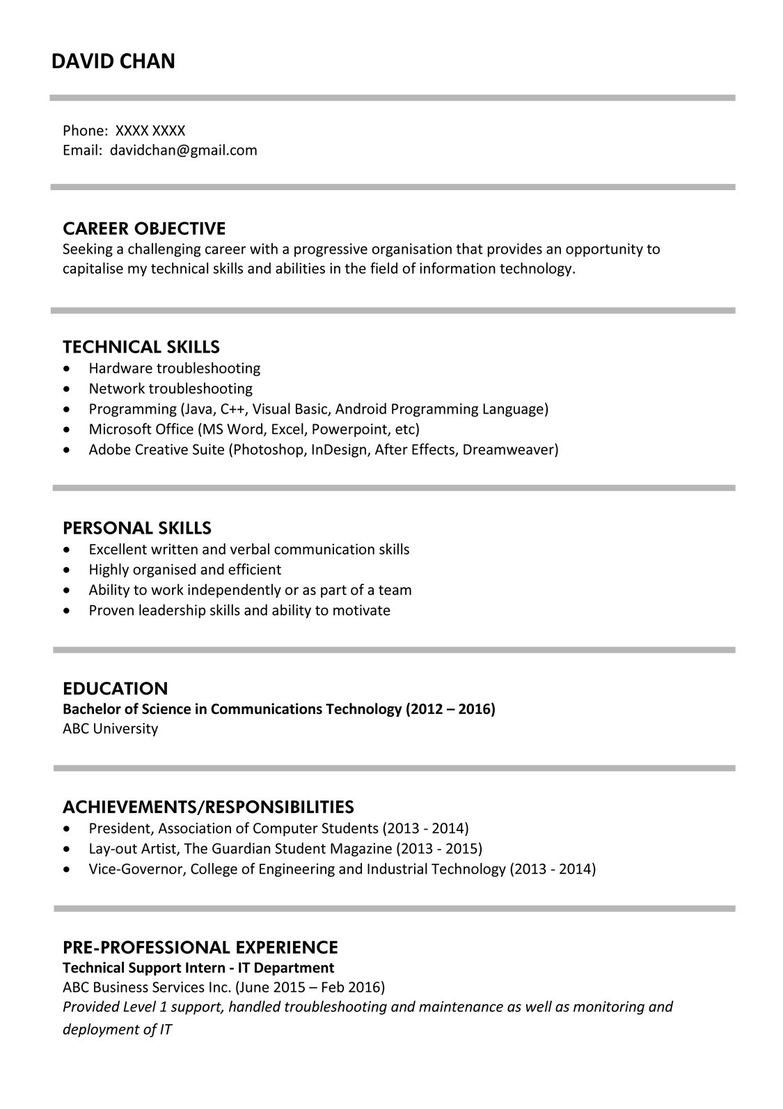 sample resume for it fresh graduates