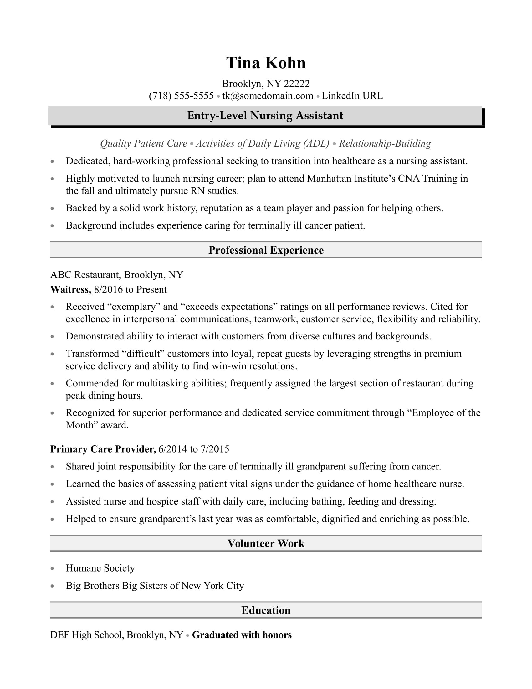 sample resume nursing assistant