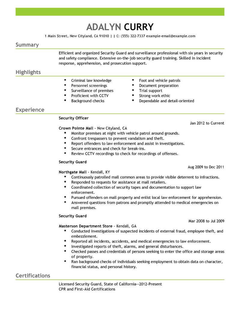 security guard cv objectiveml