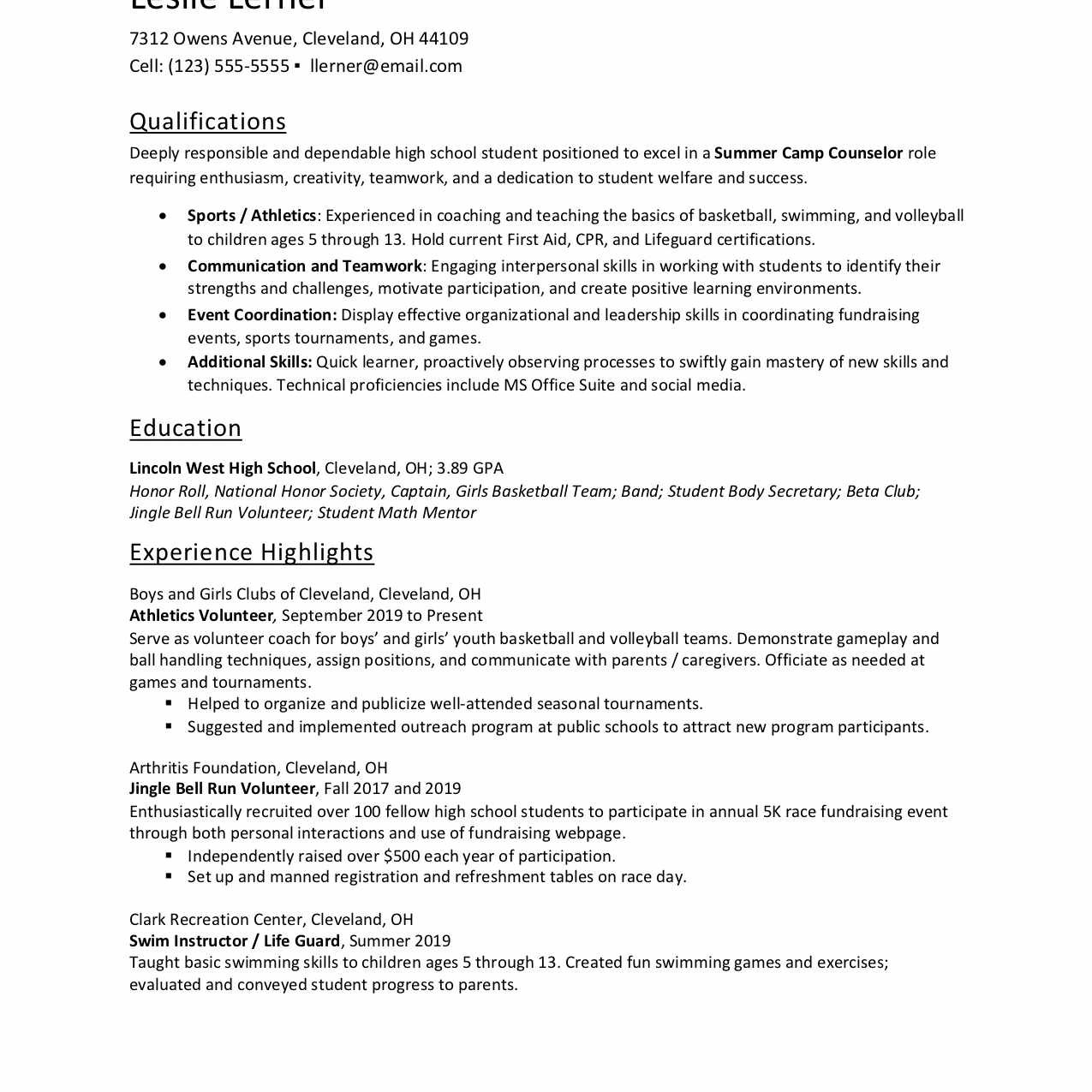 resume skills for high school students