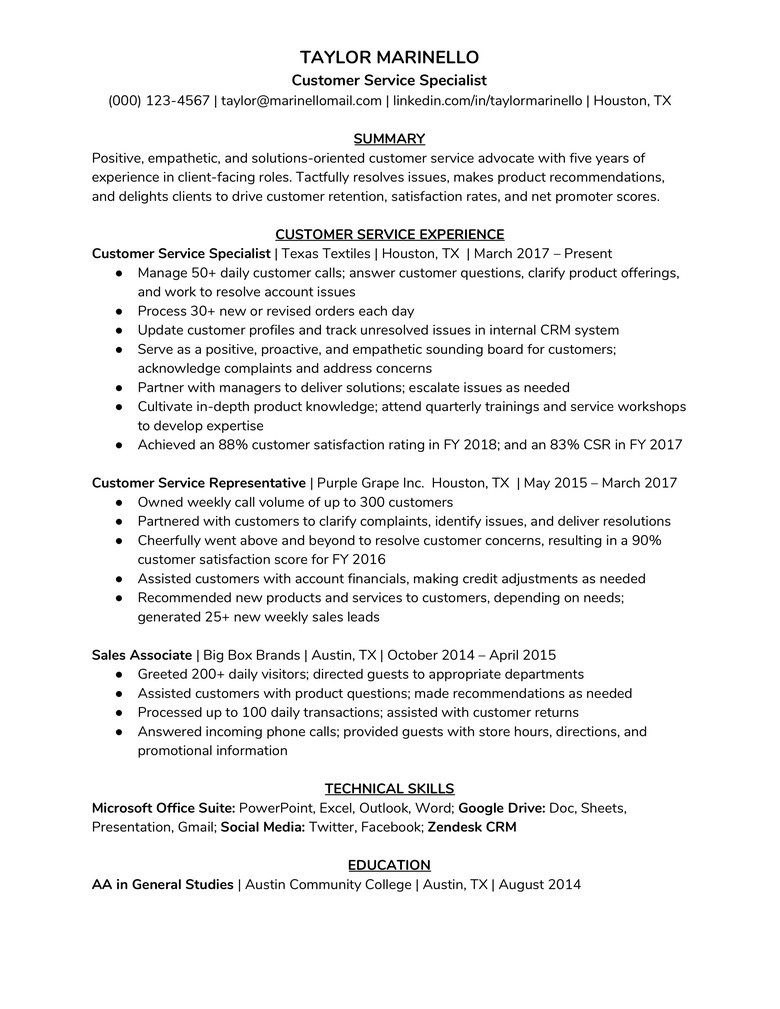 how to write customer service resume example