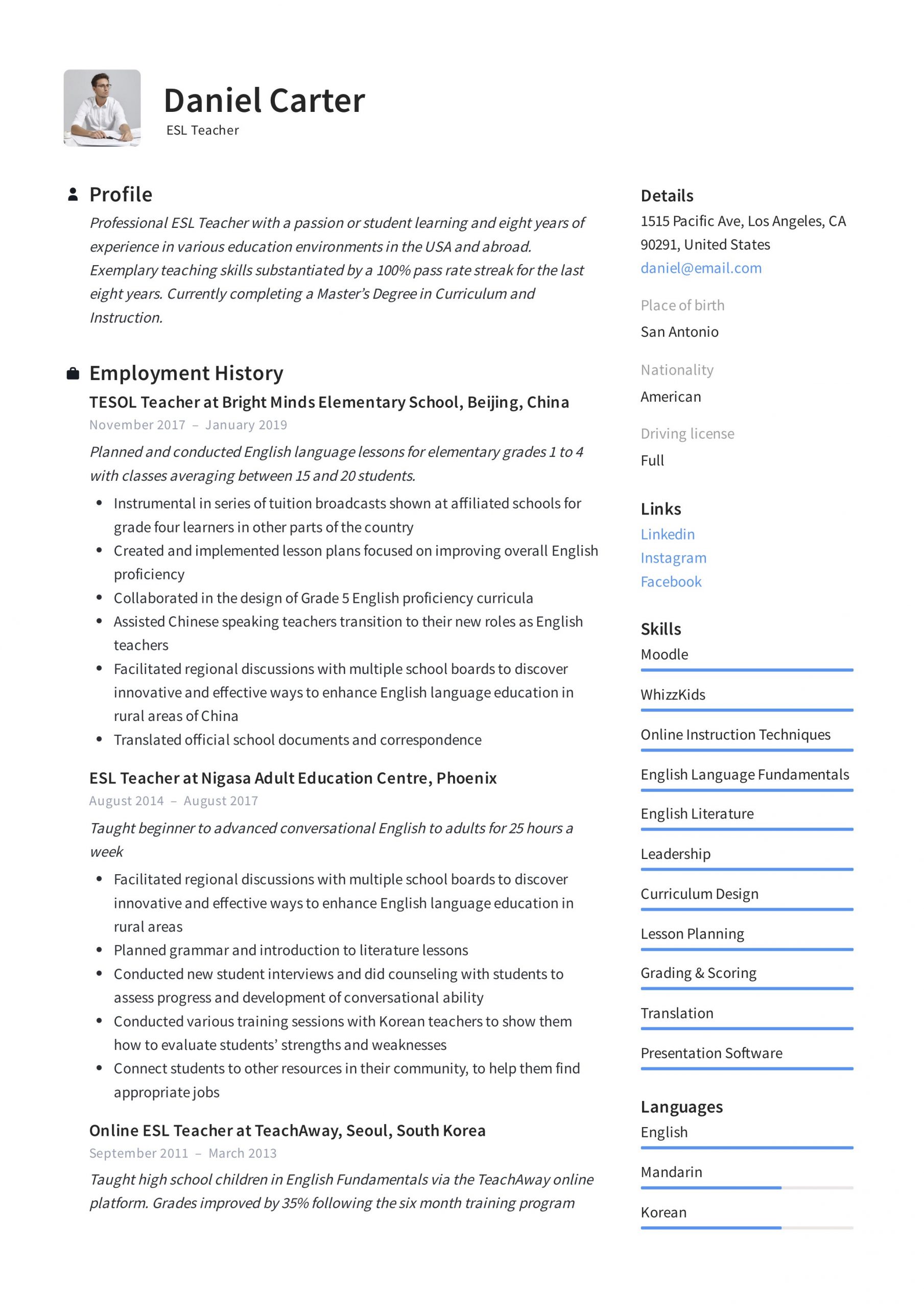 esl teacher cv exampleml