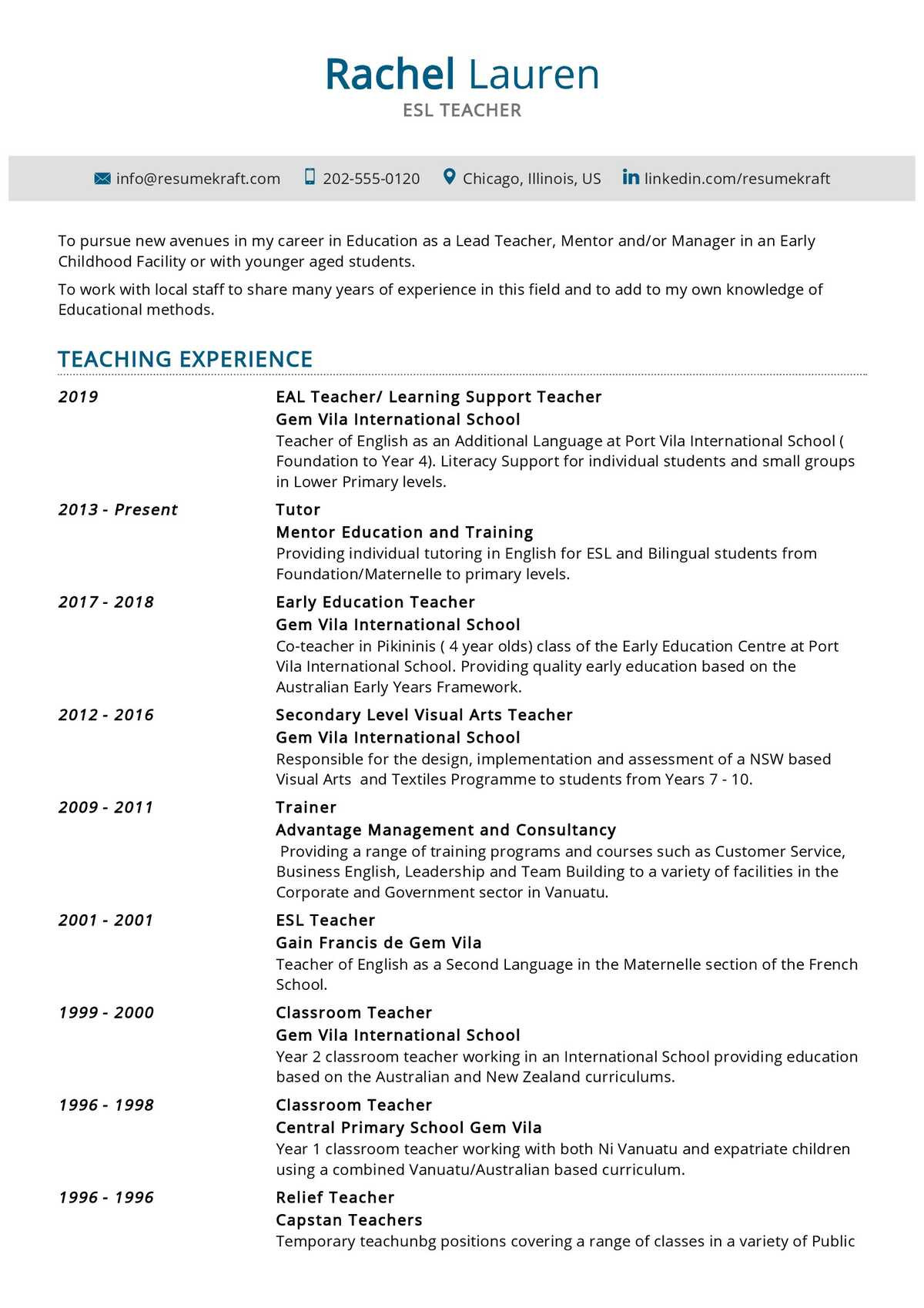 sample resume teaching english as a second language