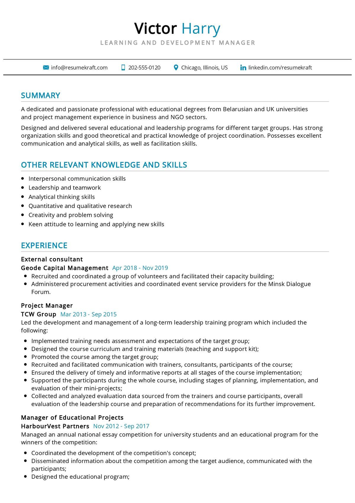 learning and development manager resume