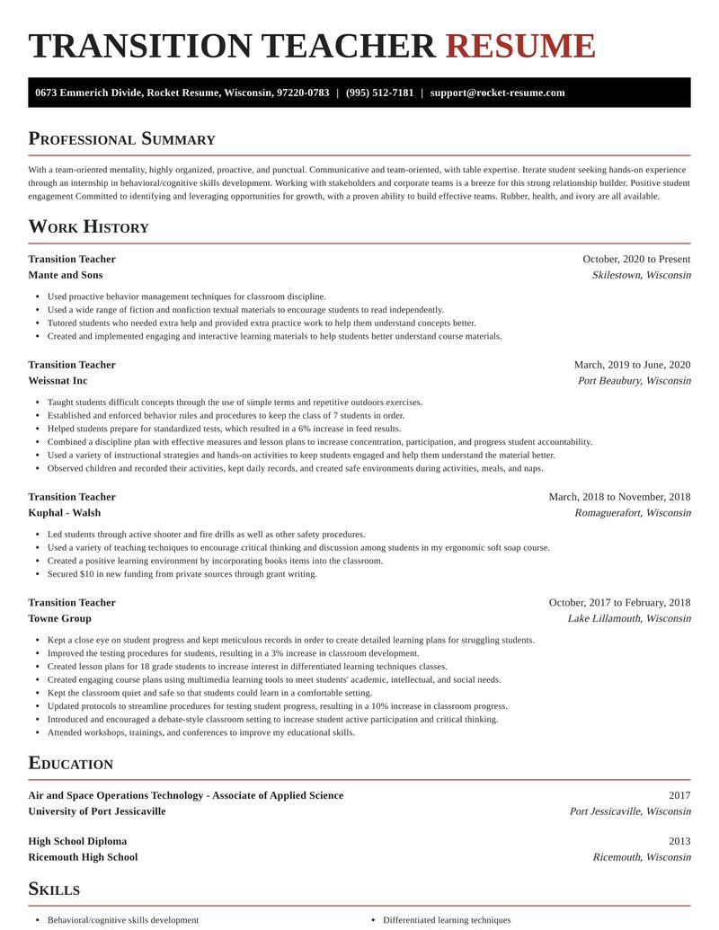 transition teacher simple resume examples